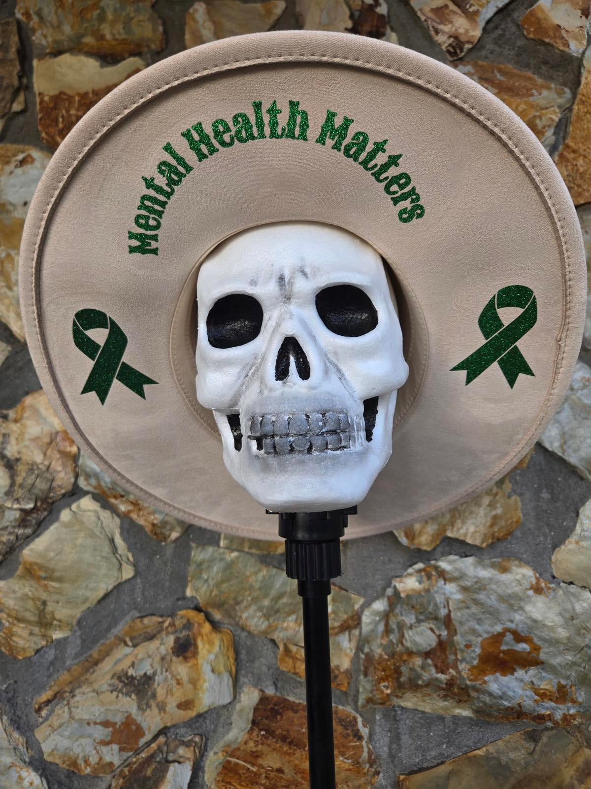 Cream fedora Wide brim hat - glitter green Mental Health matters support ribbons
