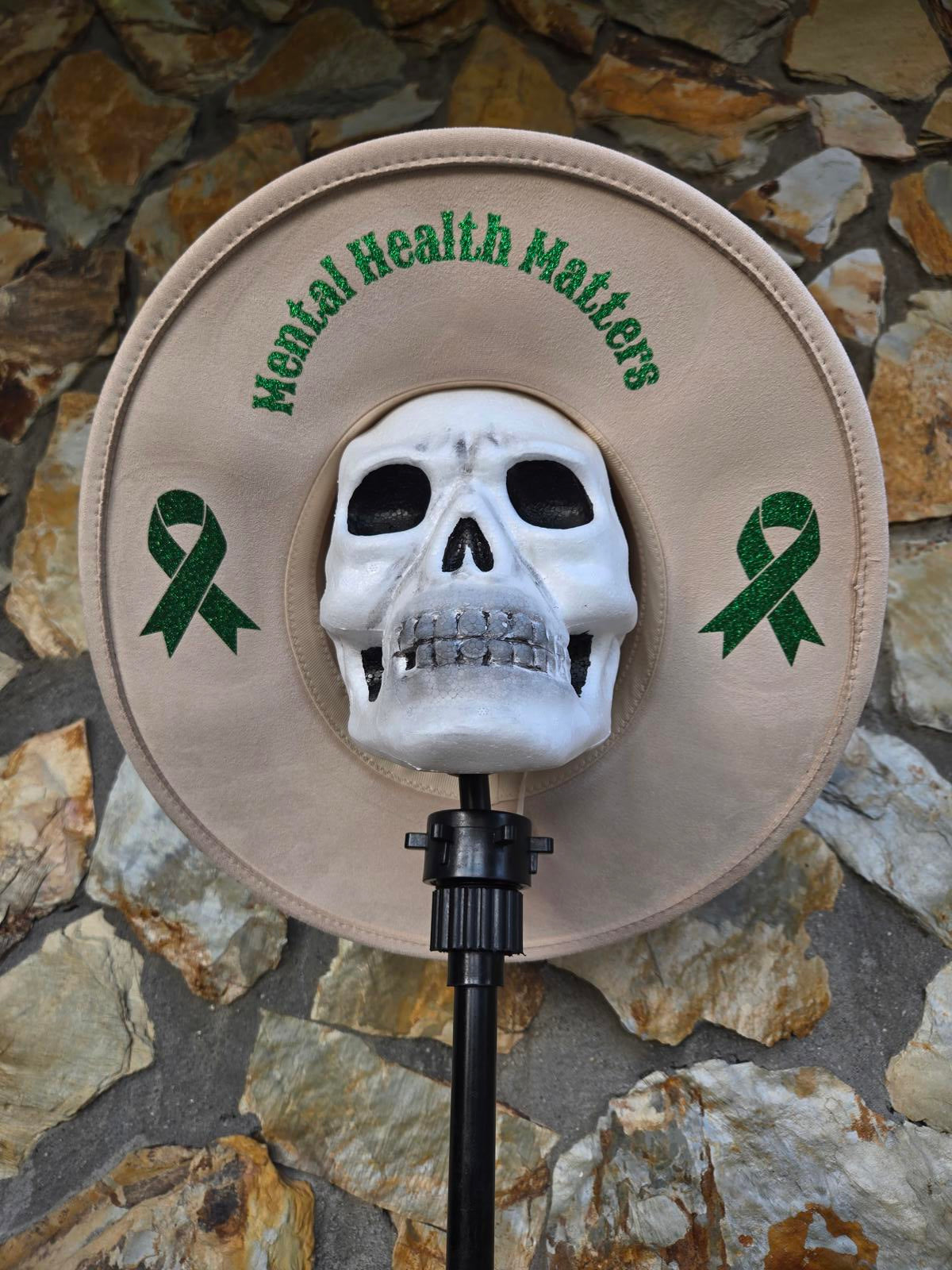 Cream fedora Wide brim hat - glitter green Mental Health matters support ribbons