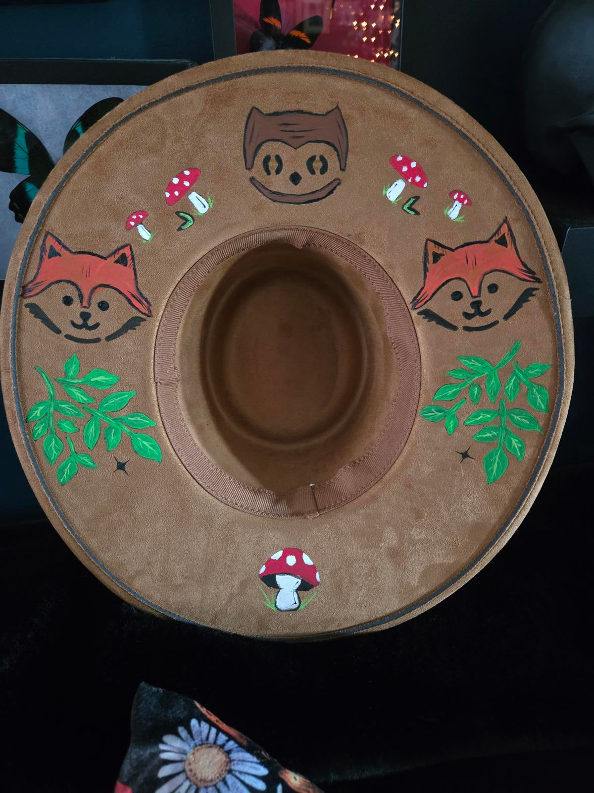Fox owl and mushroom Hand designed wide brim hat