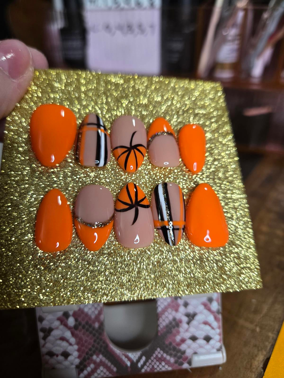 Fall pumpkin and plaid press on nails custom made