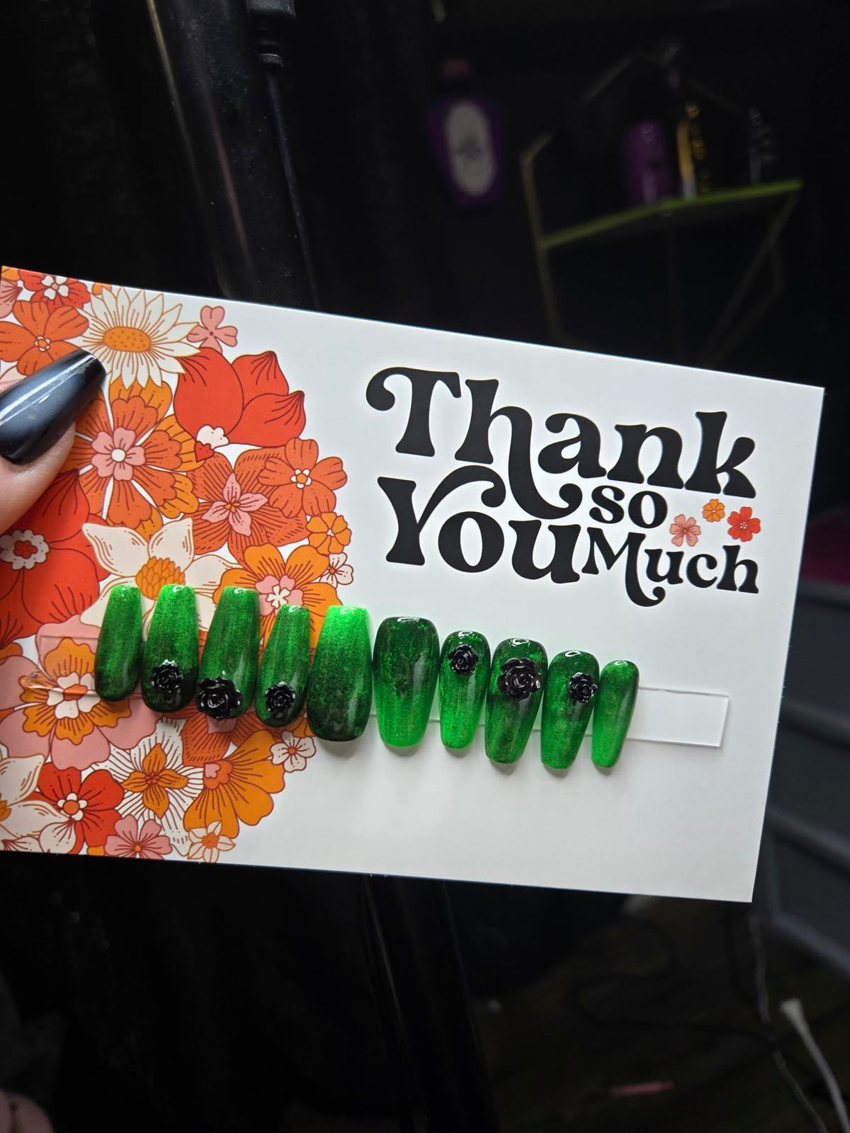 Distressed green and black rose handmade press on nails