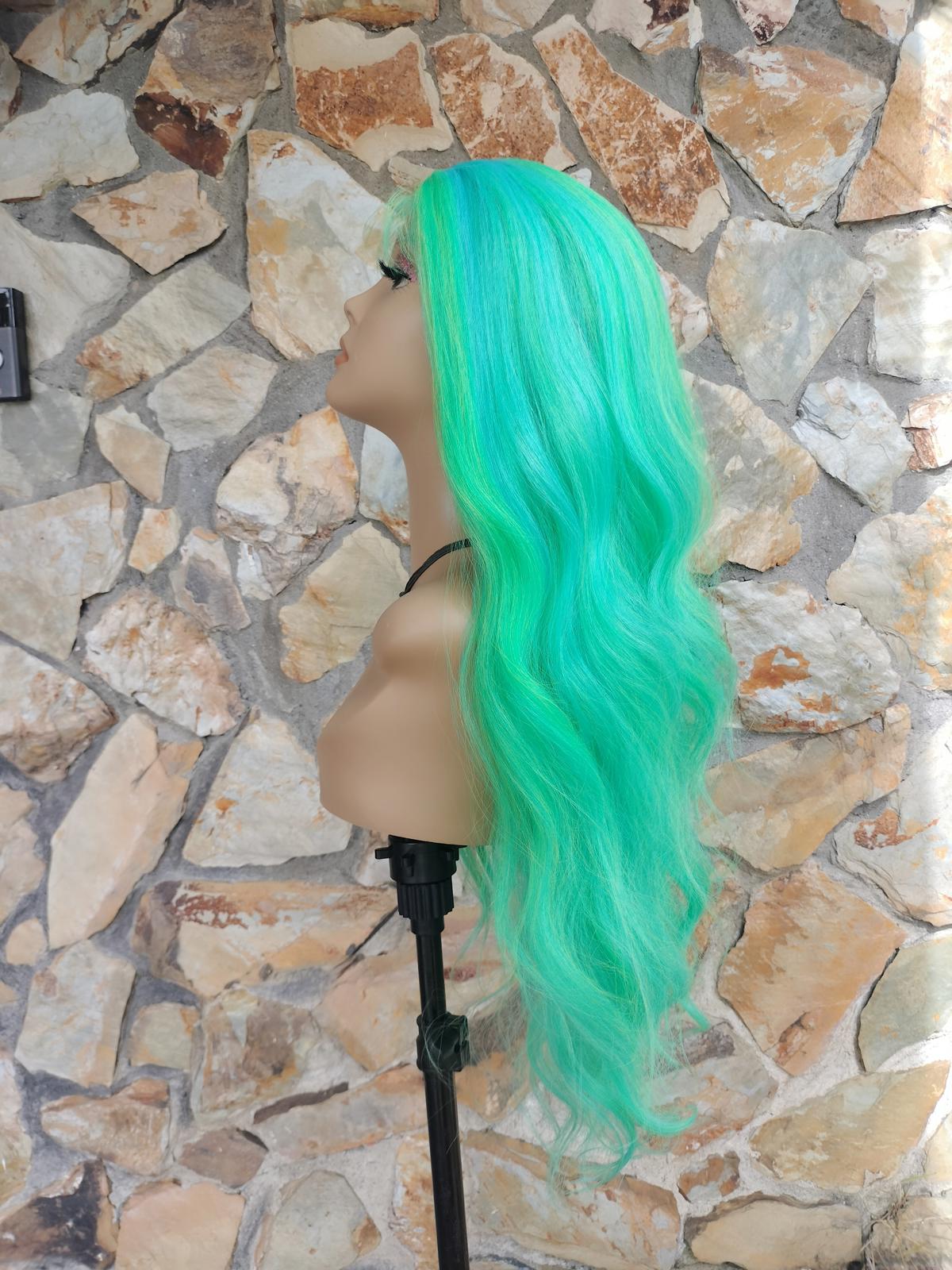 Turquoise and seafoam green wavy lace front wig