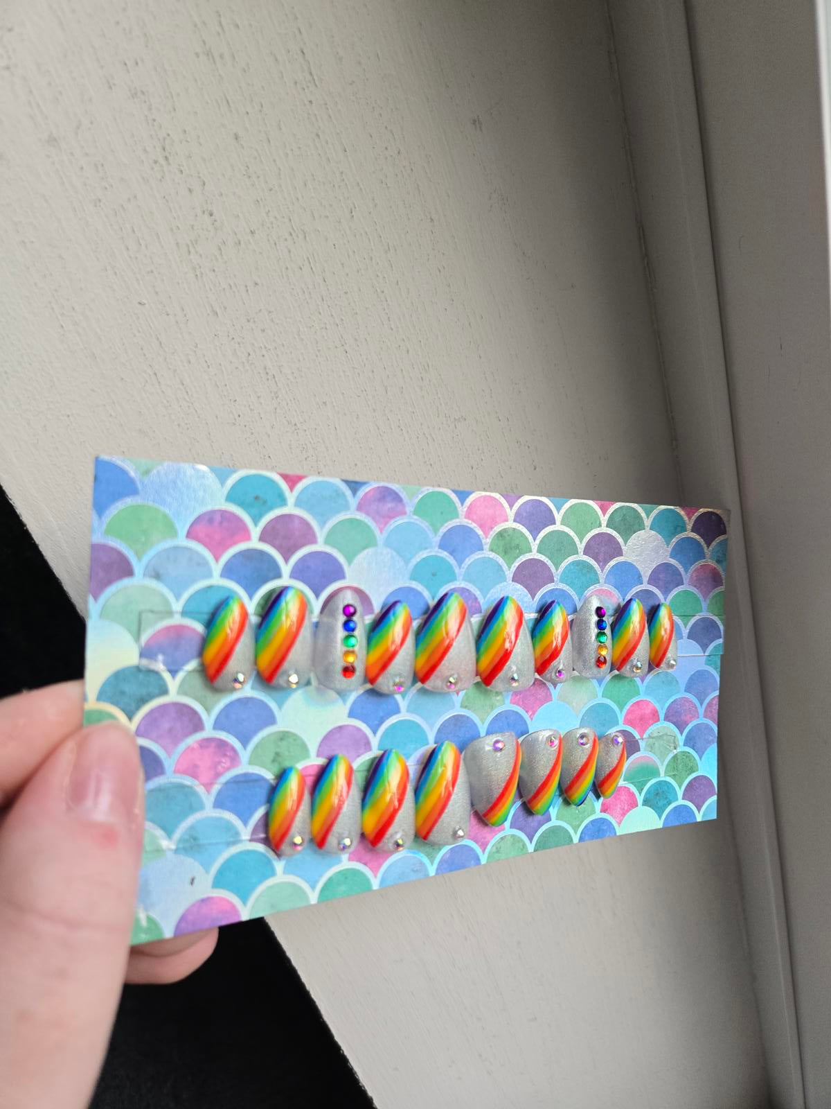 Almond shaped pride rainbow press on nails custom made
