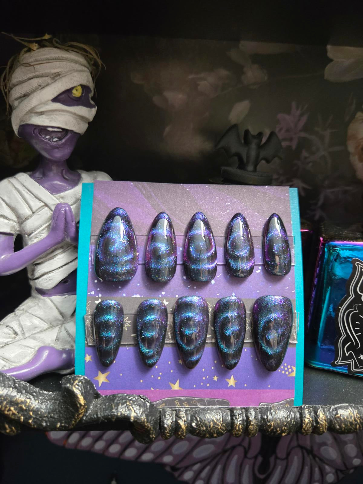 Galaxy swirl cat eye press on nails custom made