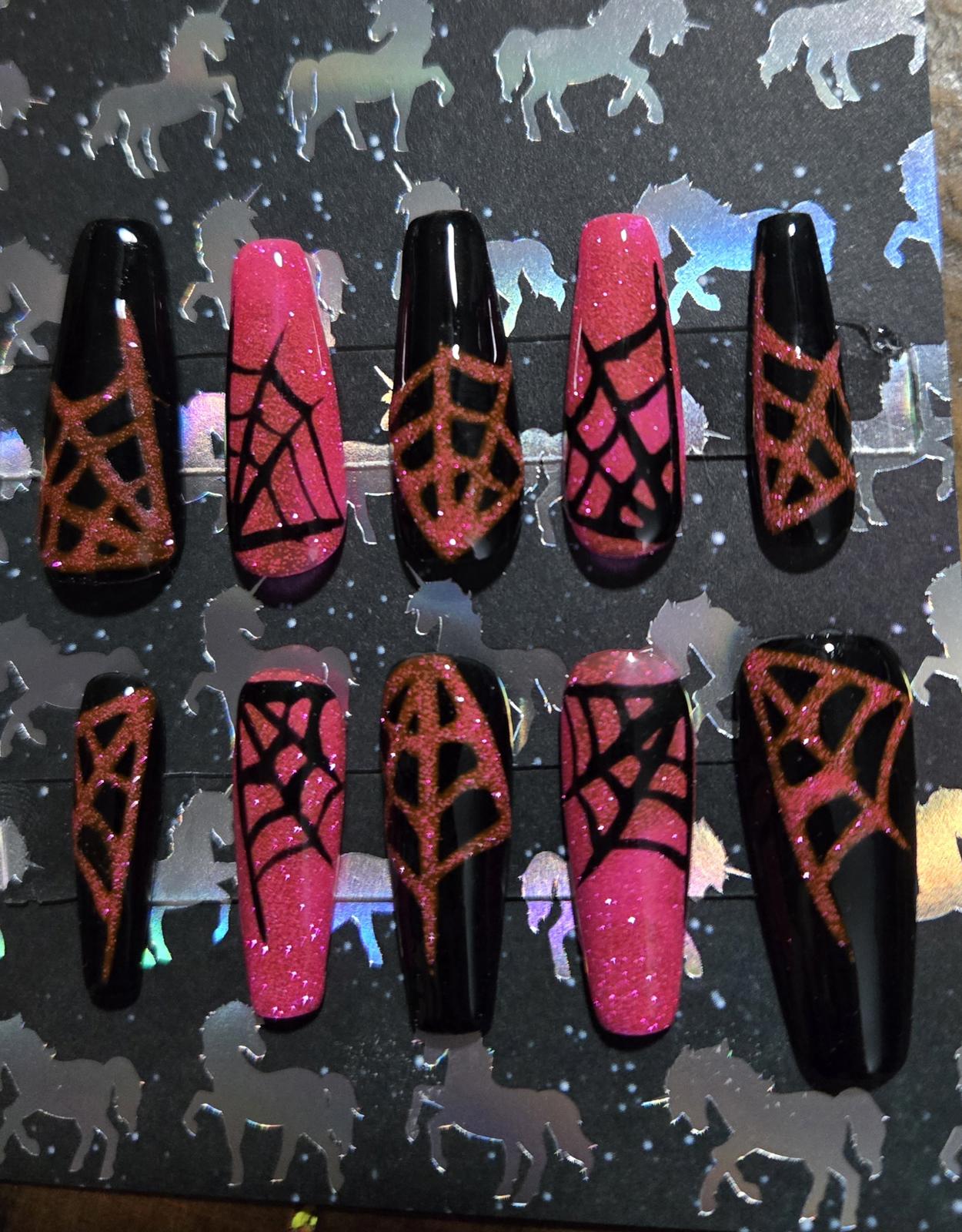 Halloween black and pink spiderweb glitter press on nails custom made