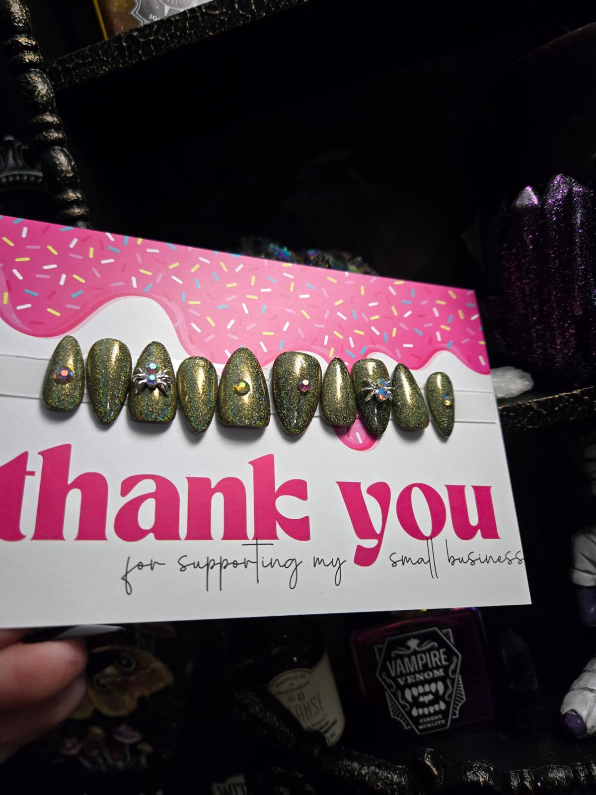 Holographic gold press on nails with spider charms