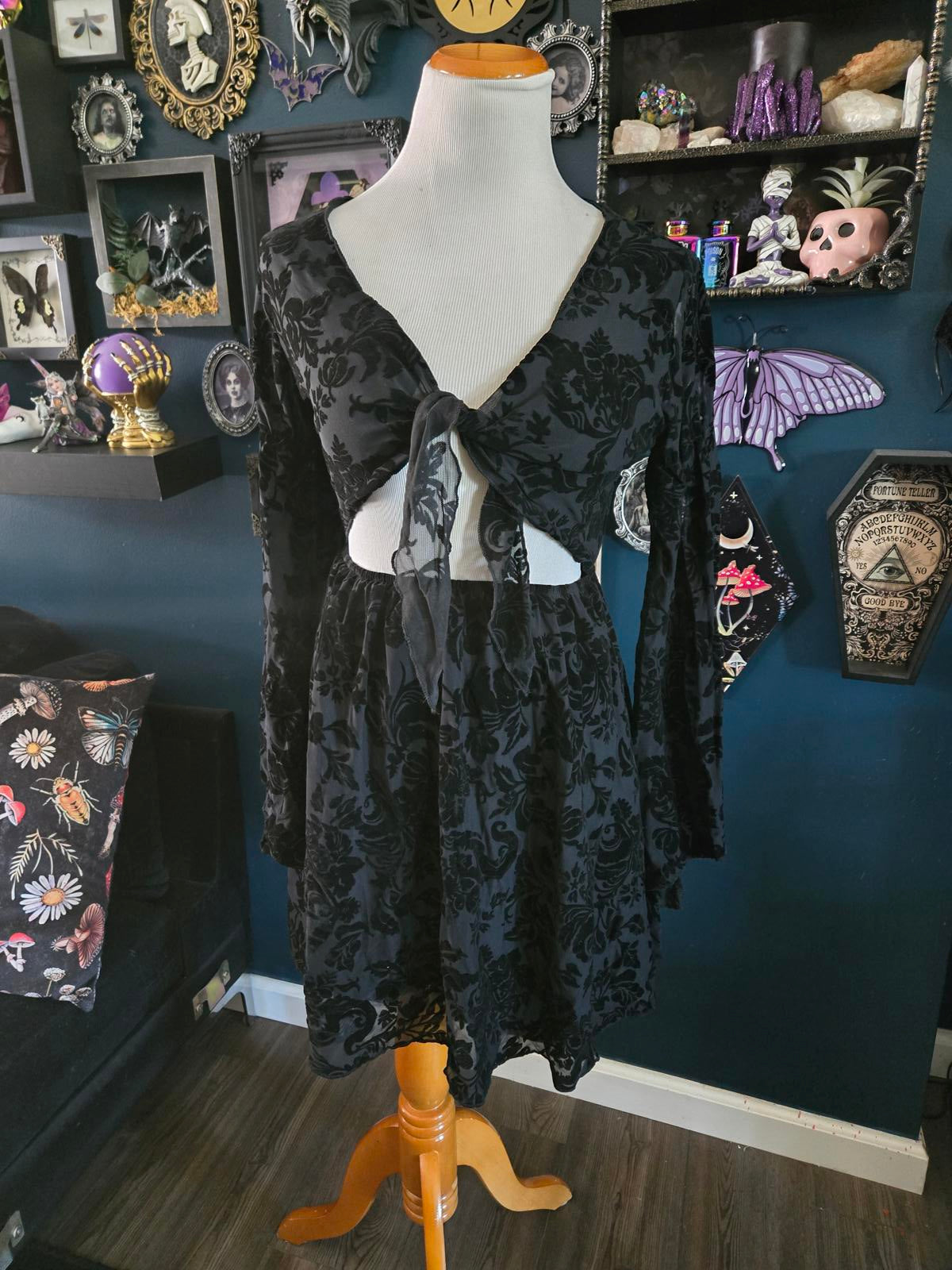 Black gothic whimsygoth tie front flocked dress