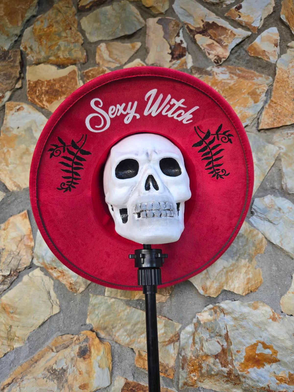 Sexy witch and ferns red wide brim vegan fedora hat