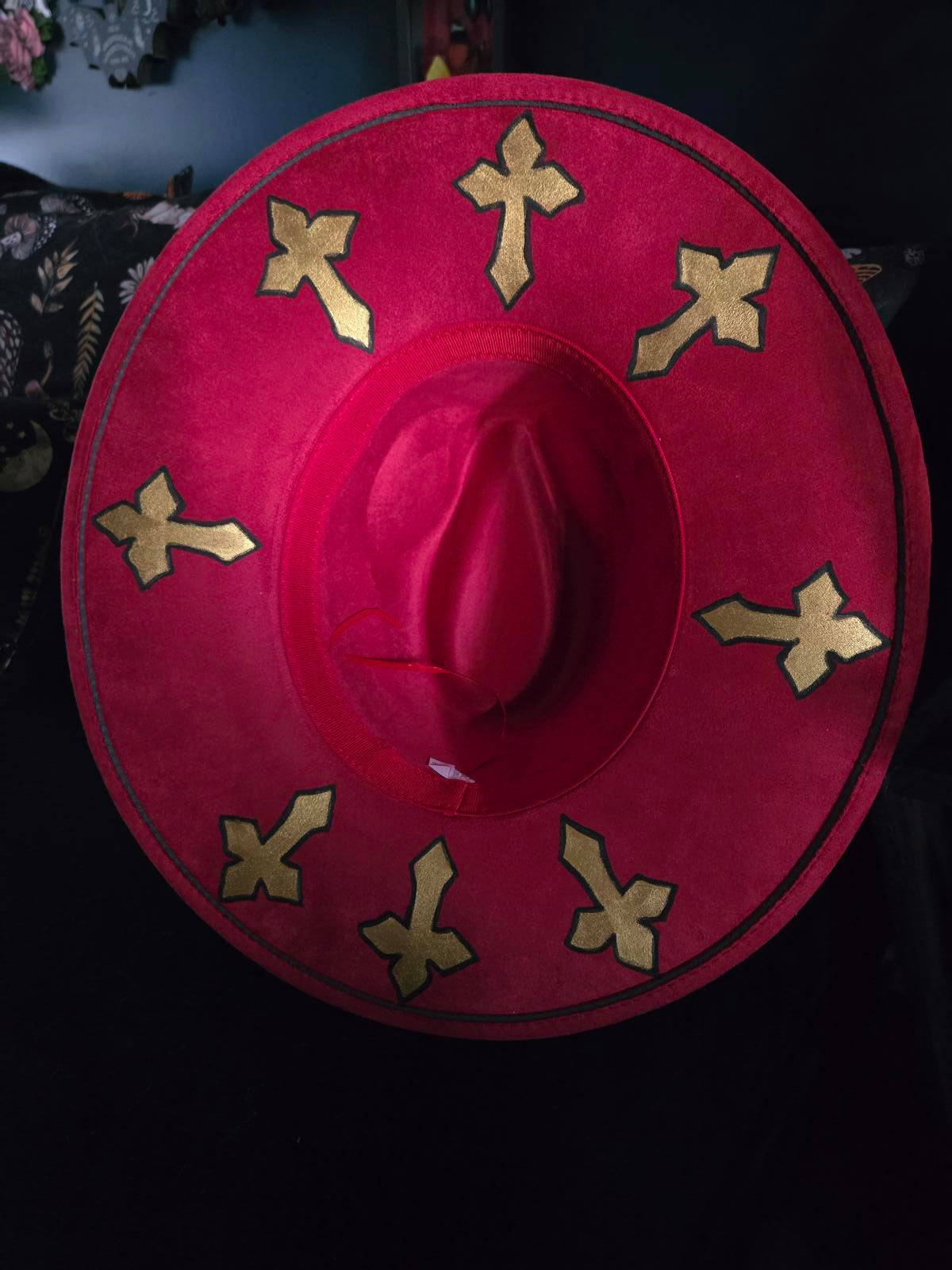 Gothic cross hand painted wide brim hat