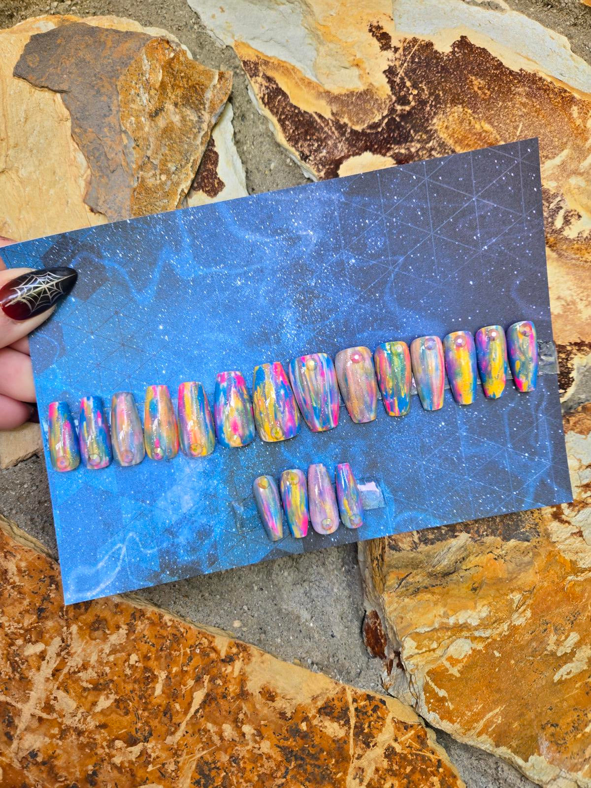 Rainbow water color nails custom made
