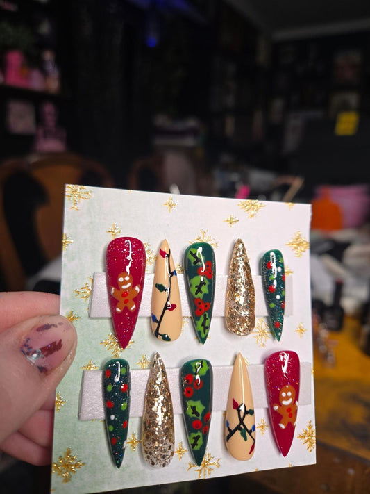 gingerbread lights Christmas handmade press on nails