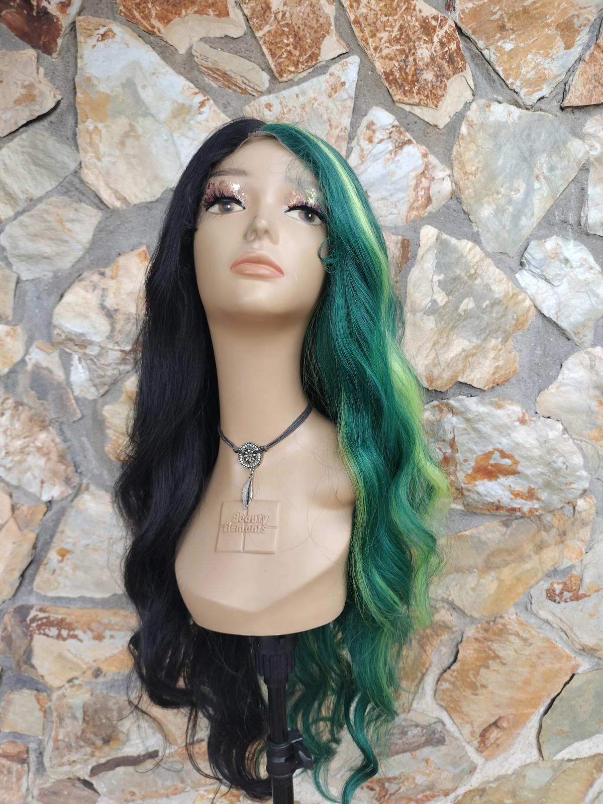 Split color green and black long wavy lace front wig