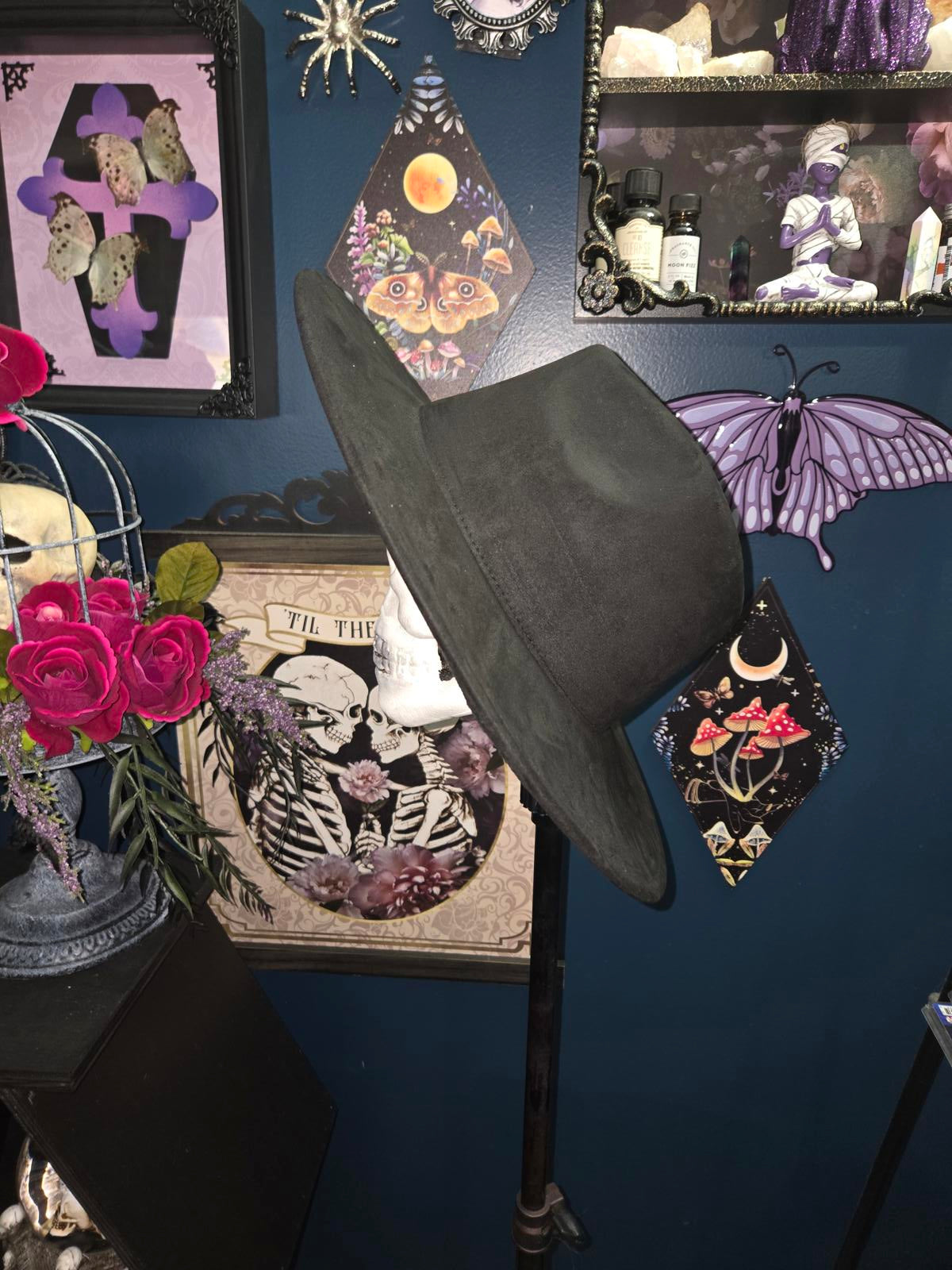 Black vegan suede wide brim fedora hat with hot pink moon moths and stars