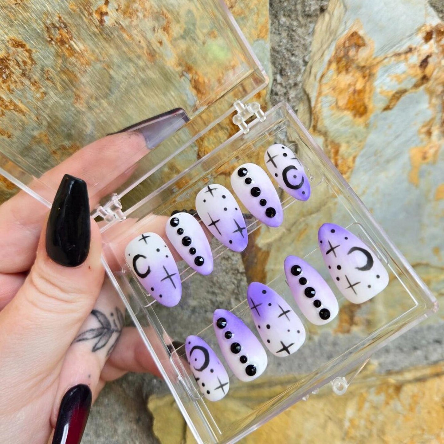 white and purple ombre witchy almond shaped nails custom