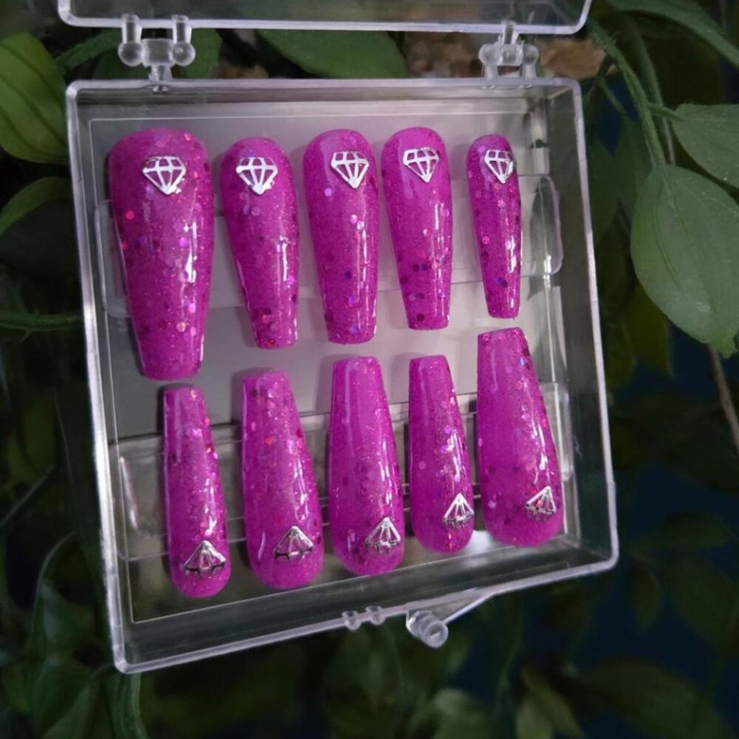 Ballerina shaped magenta sparkly press on custom nails