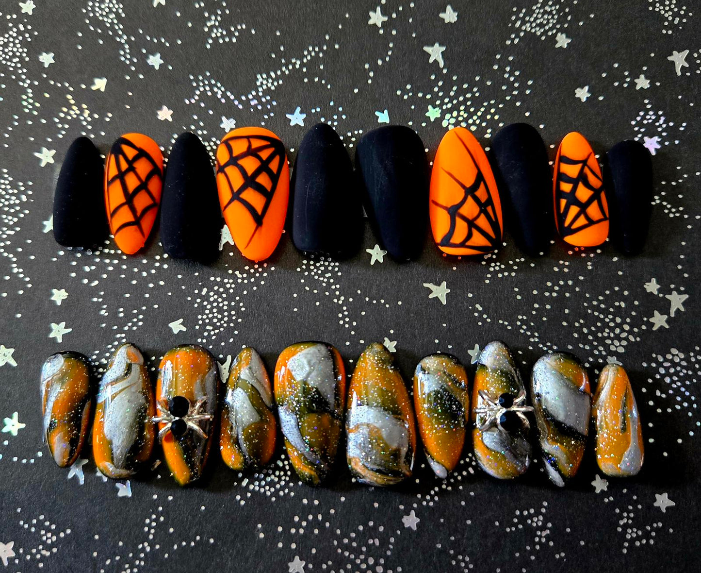 Halloween orange and black marble spiderweb nails custom made