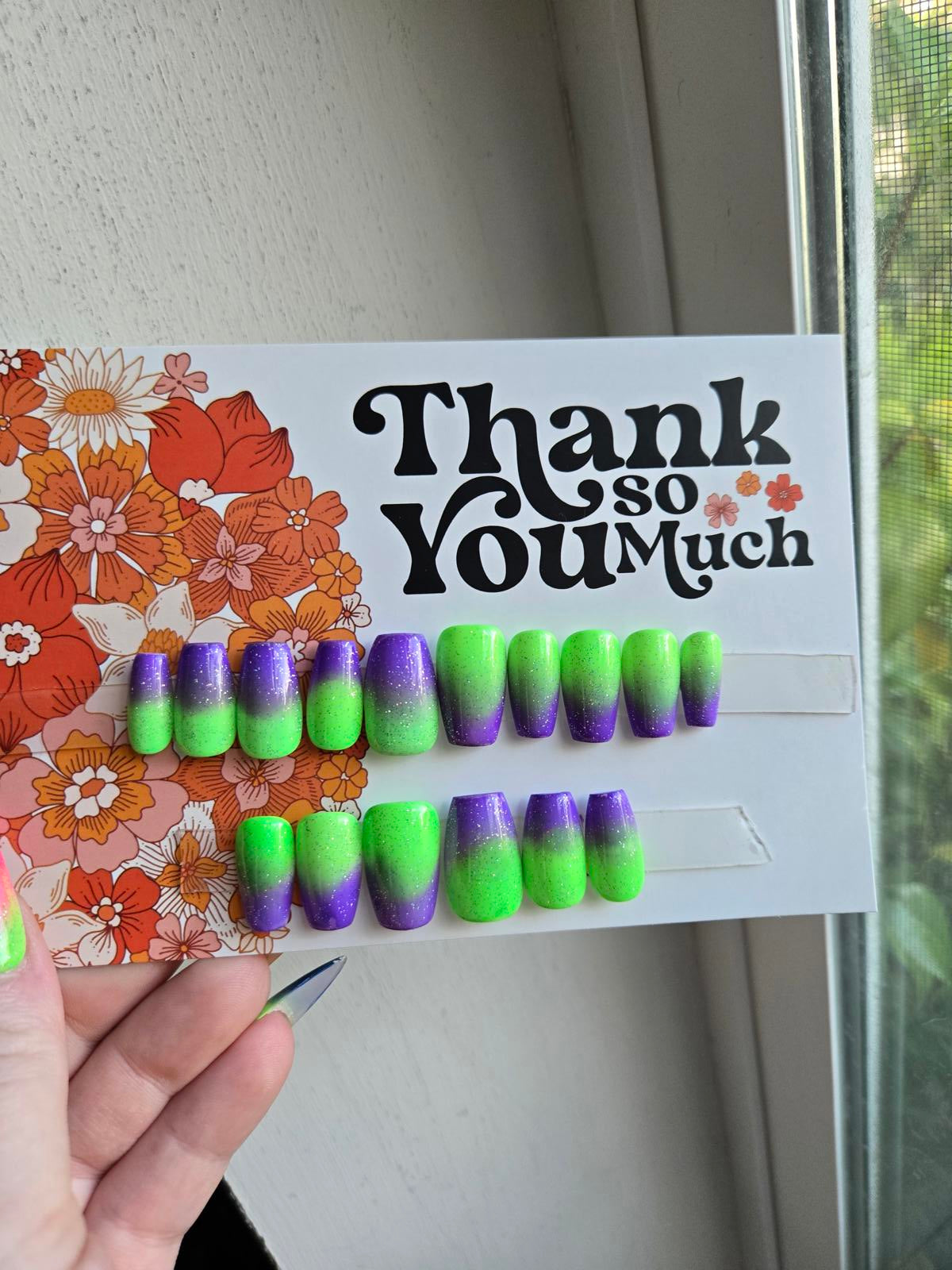 Purple to green ombre nails custom made