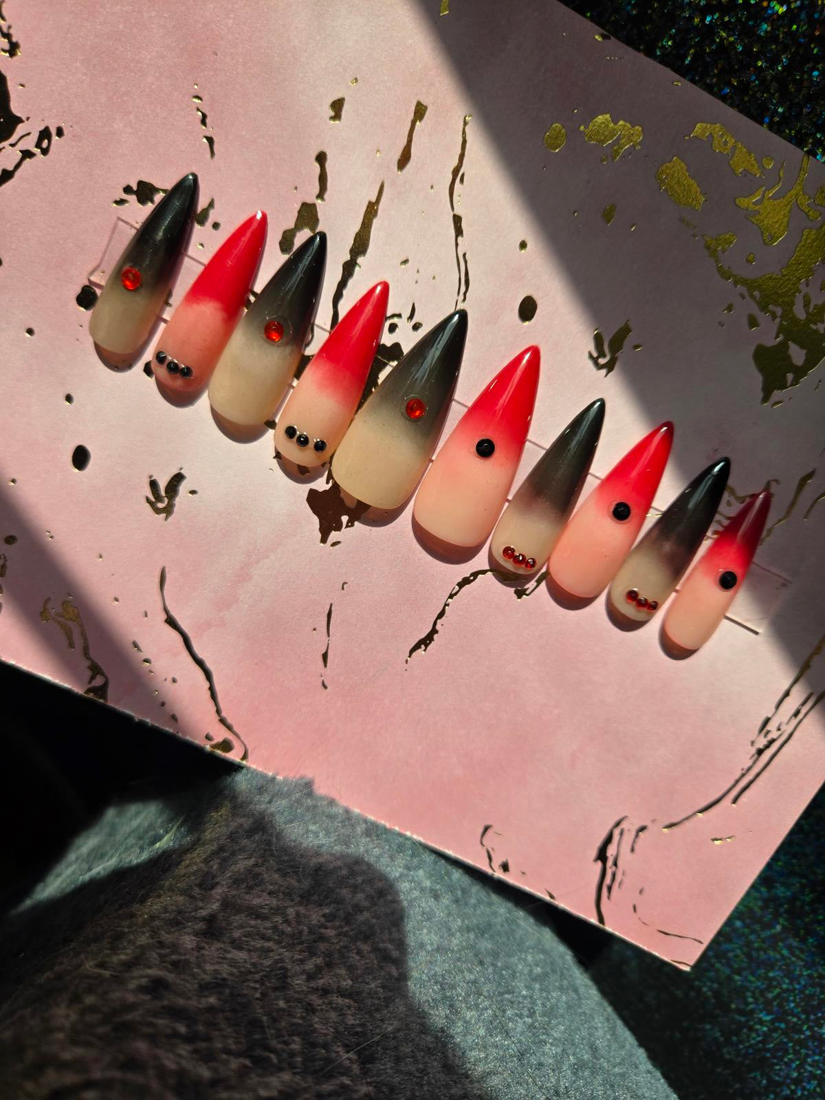 handmade stiletto red and black ombre gothic press on nails
