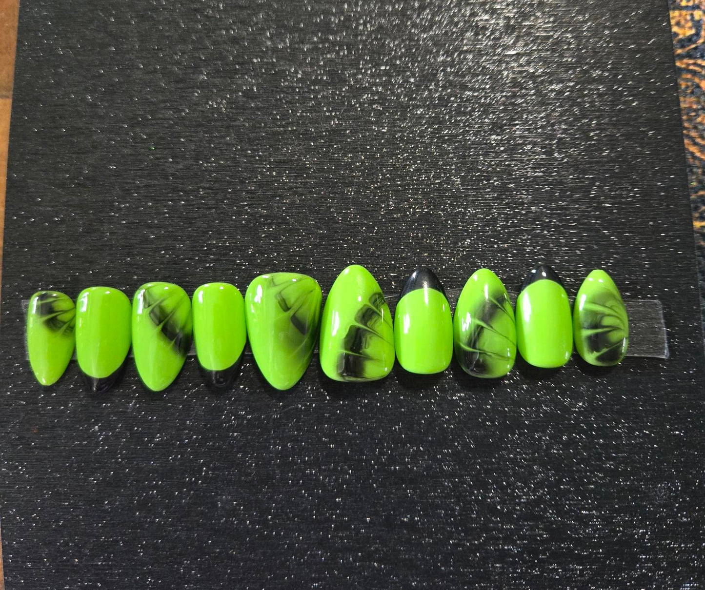 Neon green and black almond nails custom made