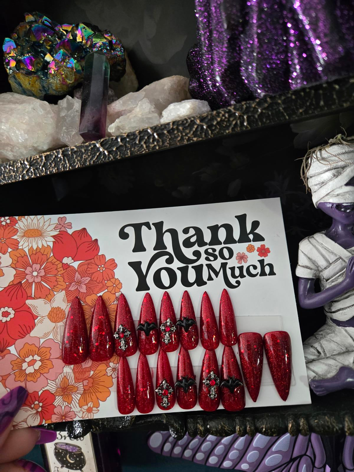 Vampy stiletto nails with goth charms custom made