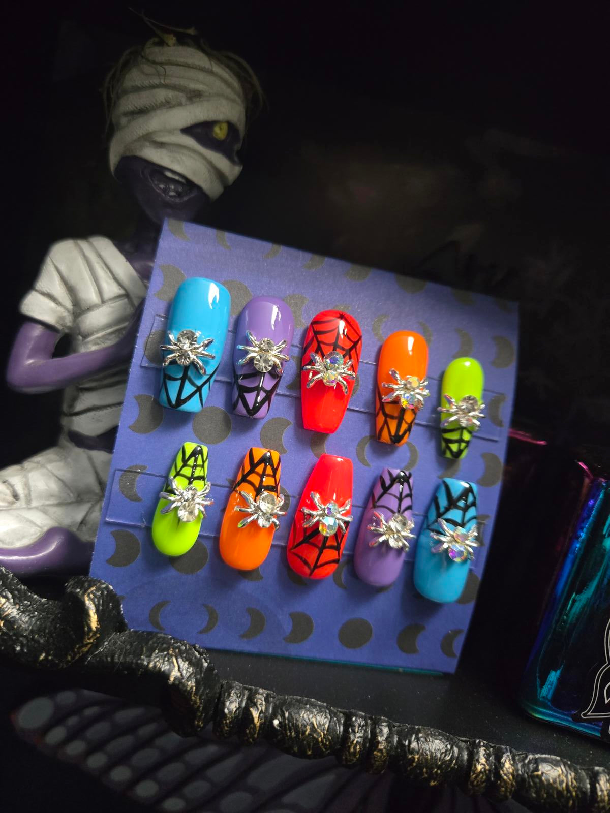 Neon spiderwebs spider charm press on Halloween nails custom made