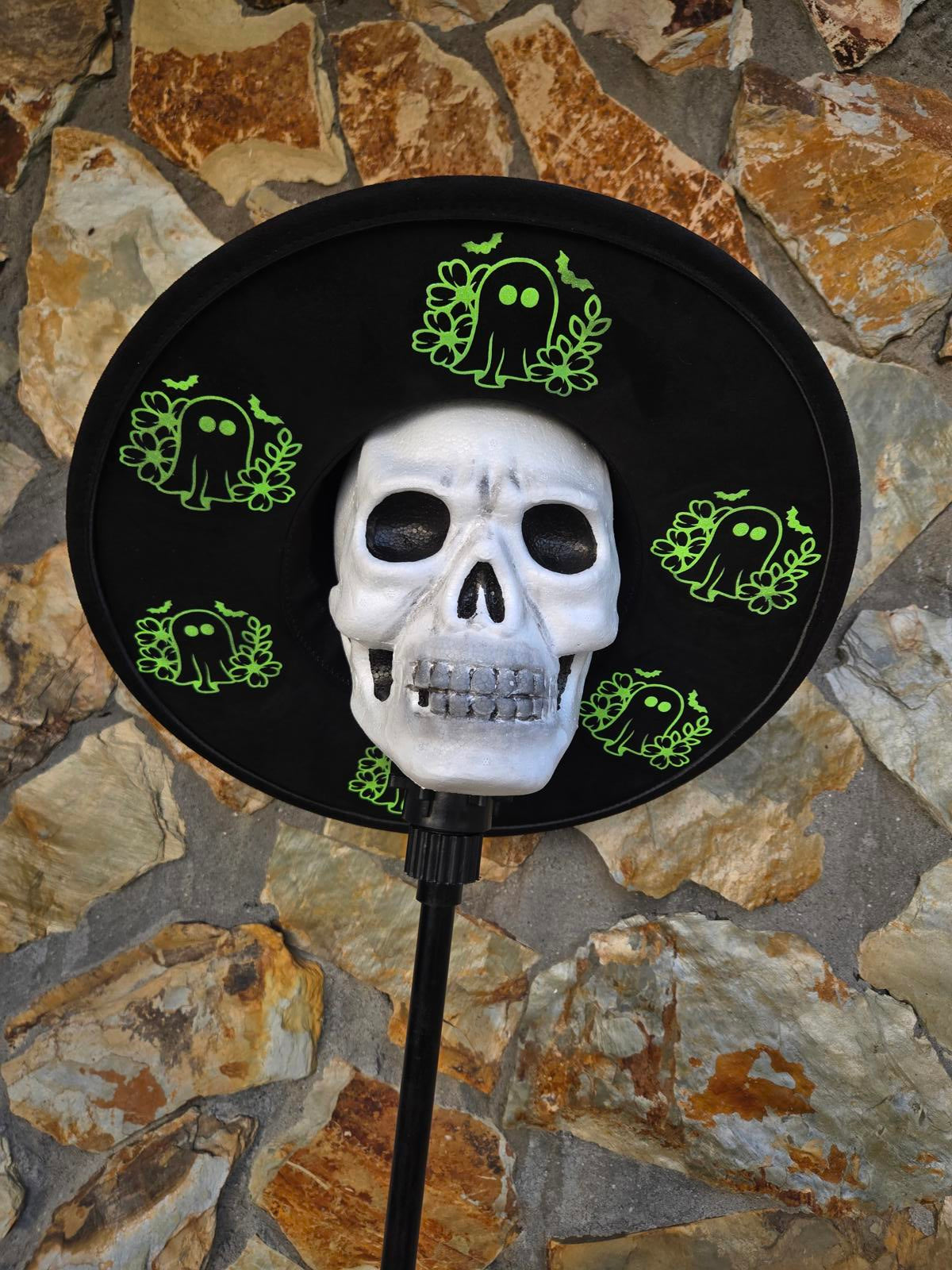 Black and neon ghost vegan wide brim fedora hat witchy goth