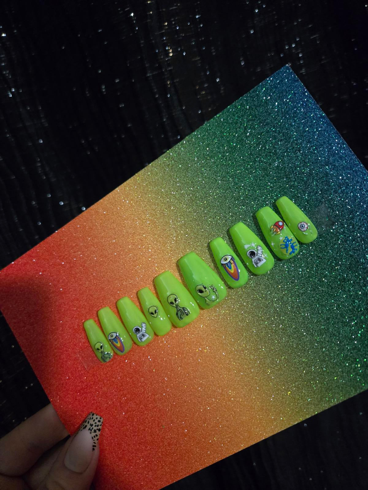 Colorful Alien Press-On Nails handmade made to order