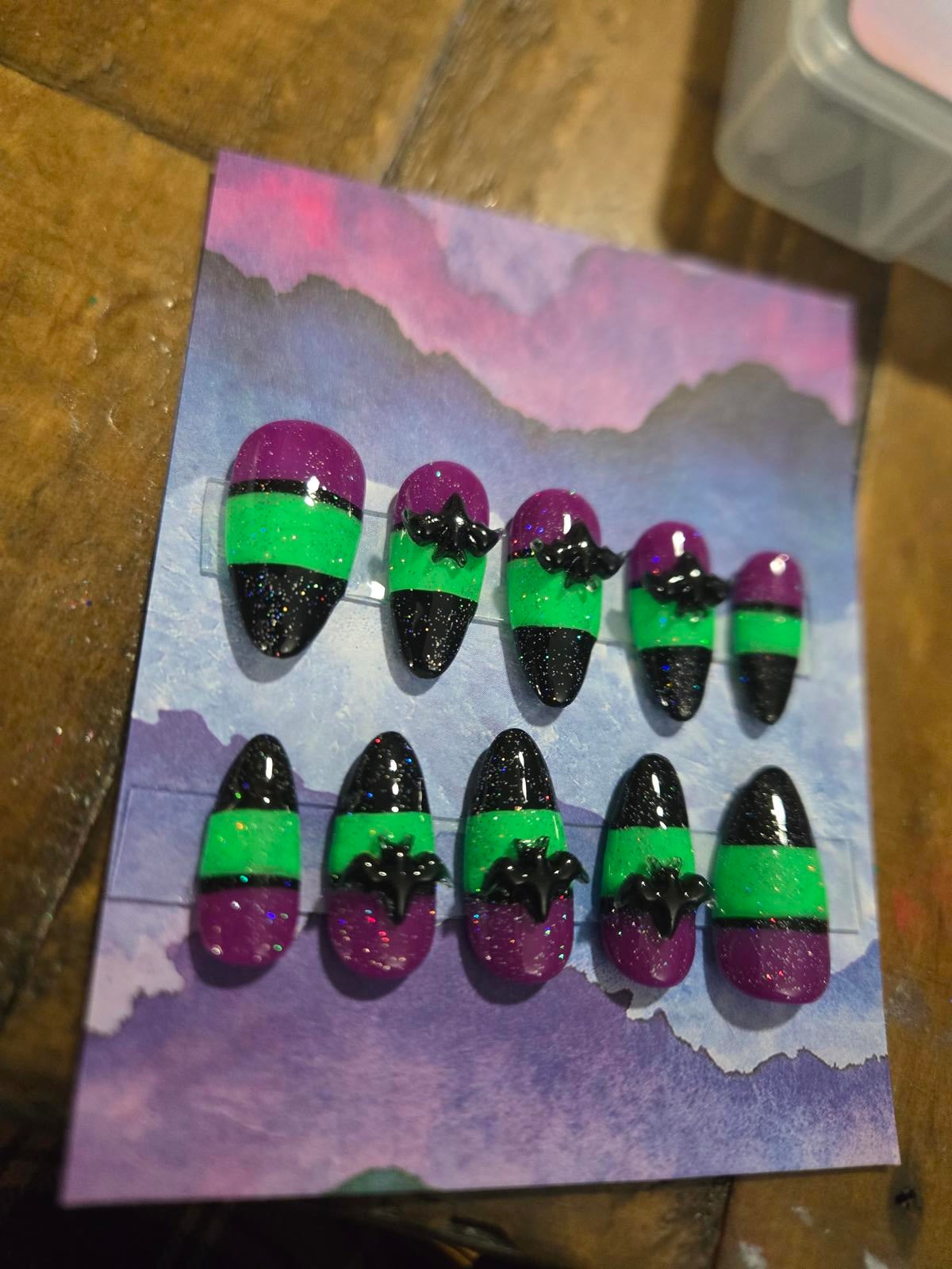 Halloween candy corn bats almond press on nails custom made