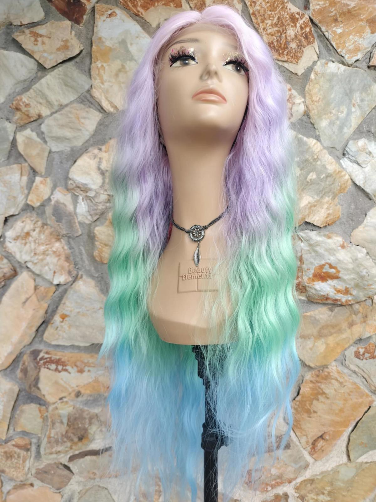 New long wavy pastel rainbow lace front wig