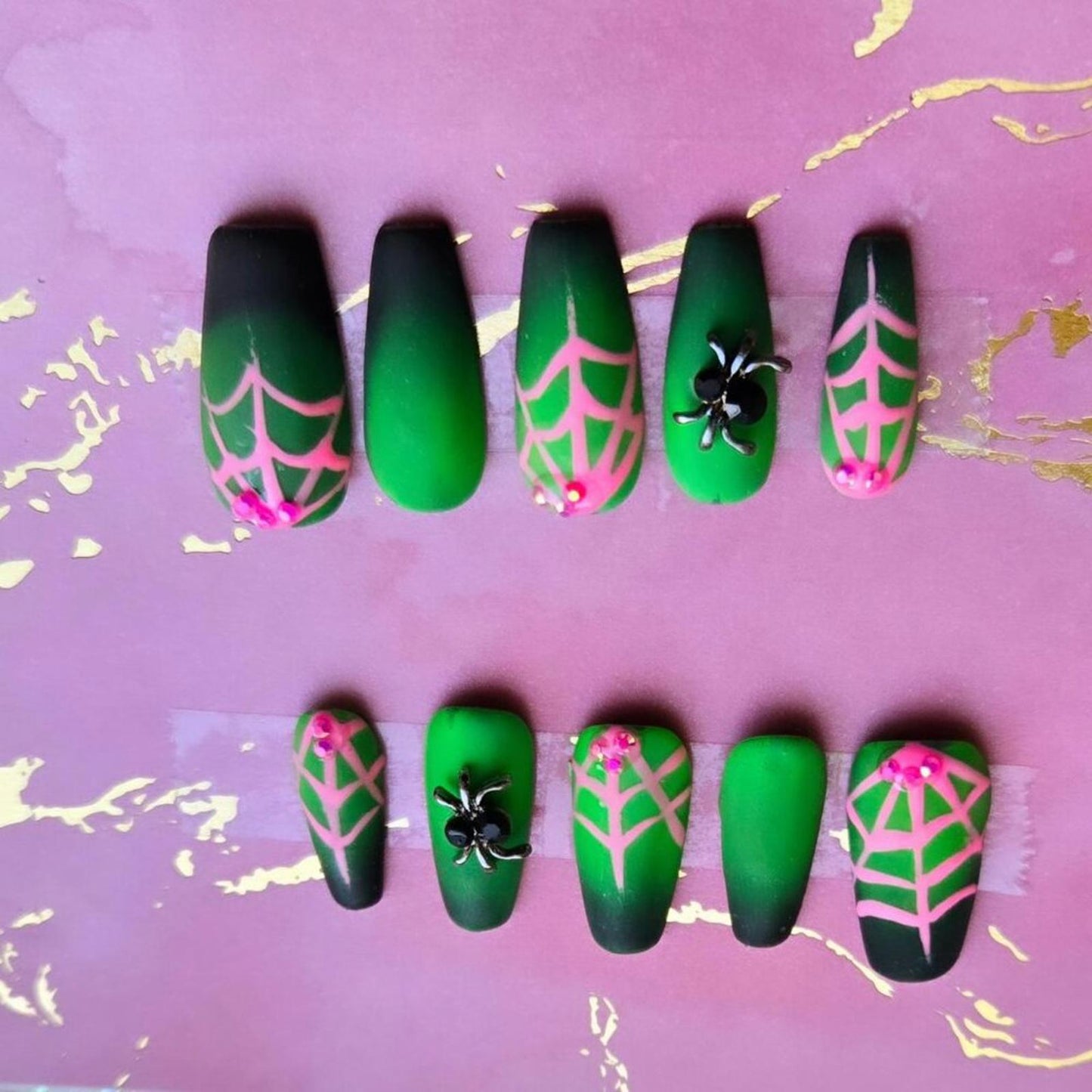 Handmade press on nails ombre with spiderweb gothic
