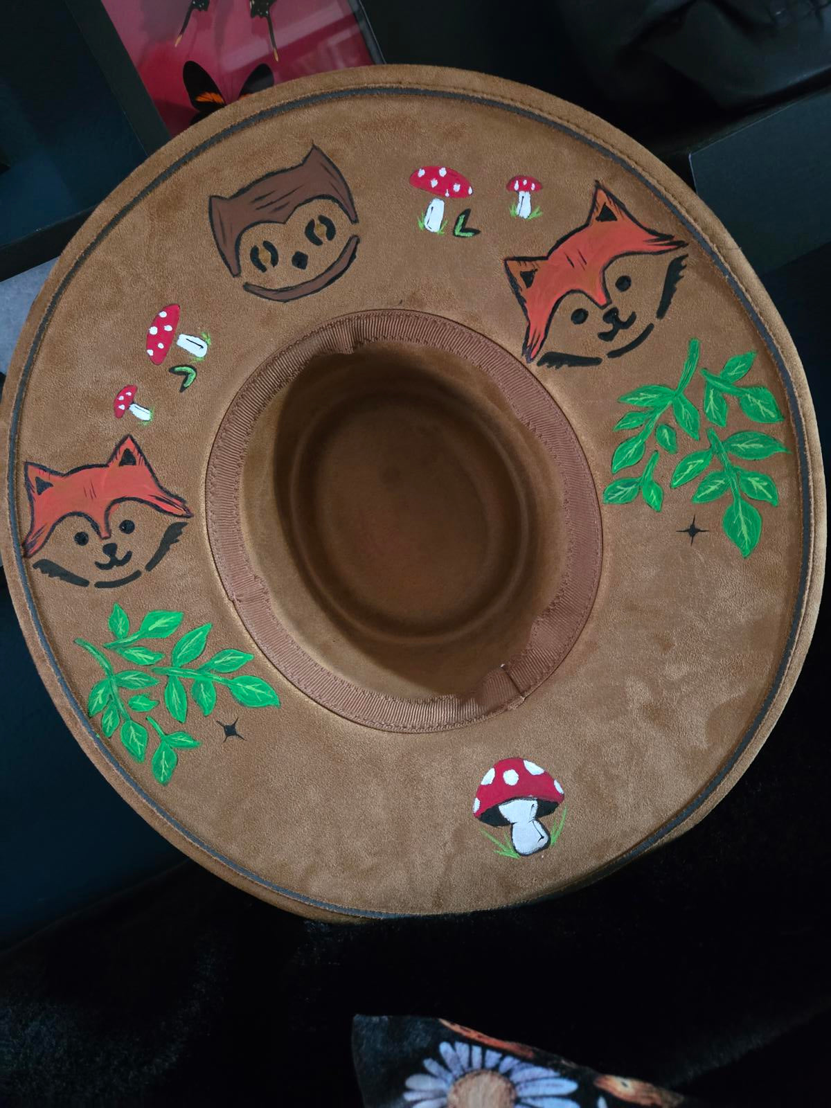 Fox owl and mushroom Hand designed wide brim hat