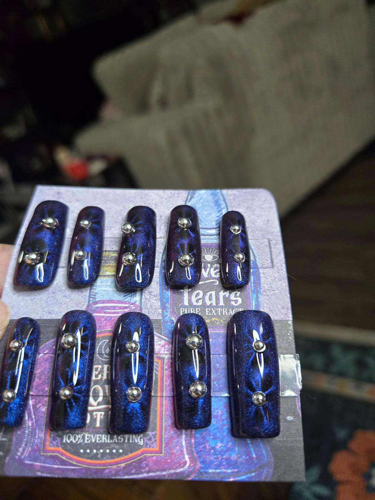 Blue cat eye floral burst nails custom made