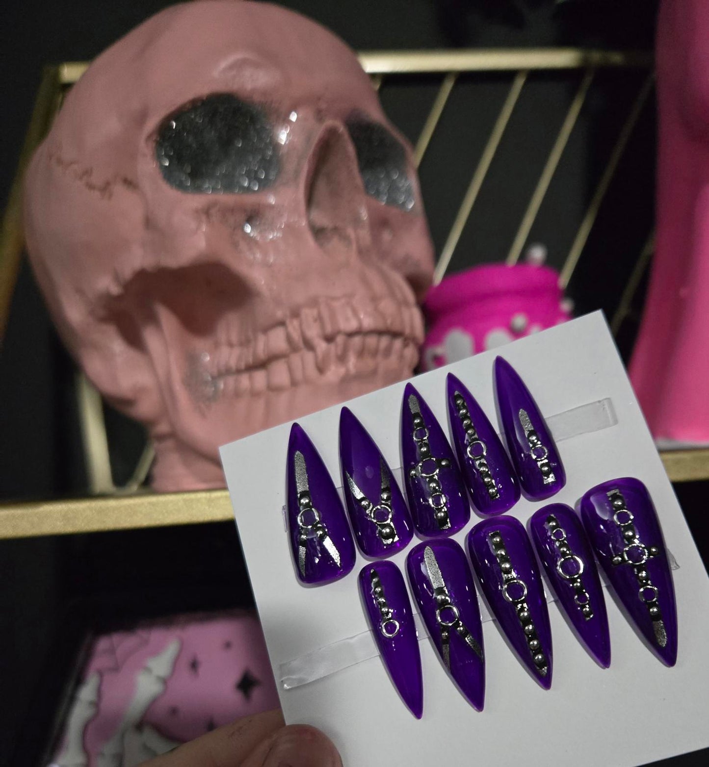 Purple bondage stiletto nails custom made