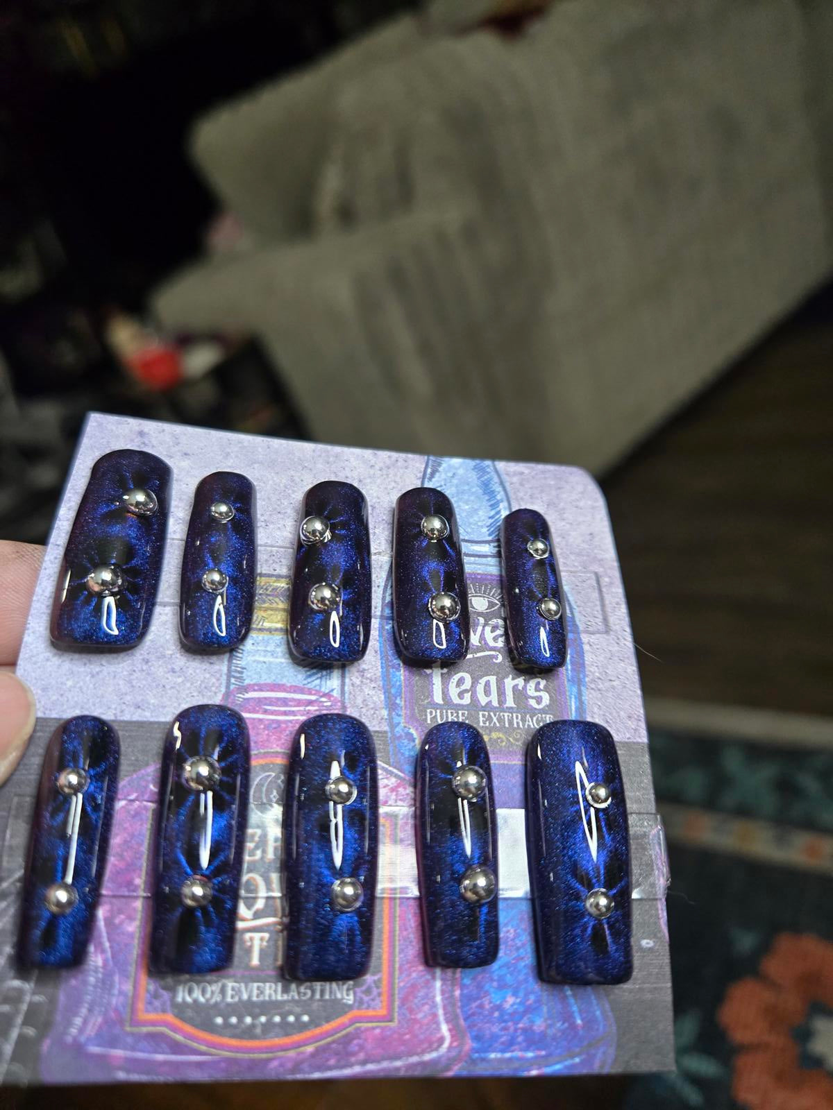 Blue cat eye floral burst nails custom made
