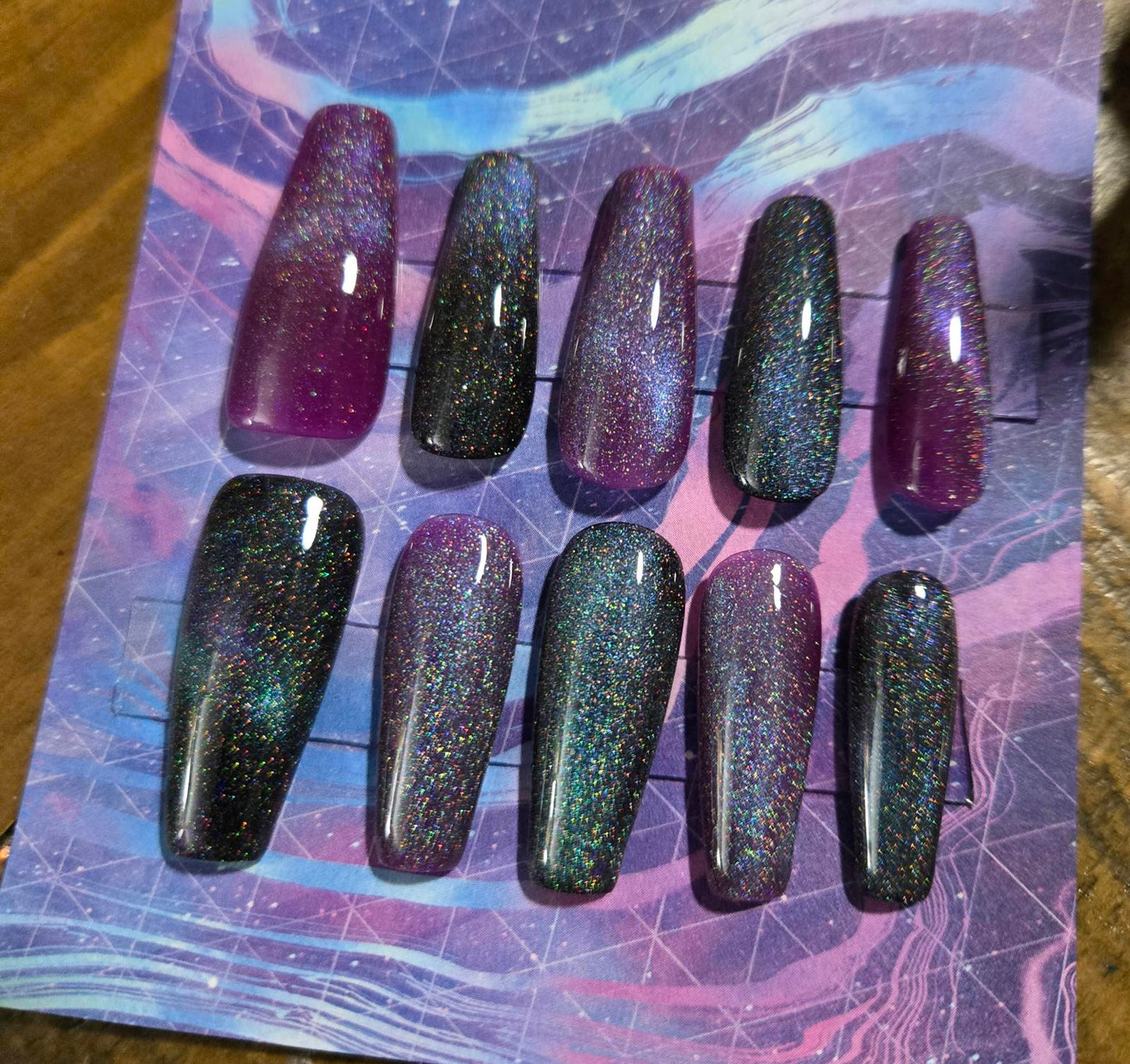 Handmade galaxy cats eye coffin shaped press on nails custom made