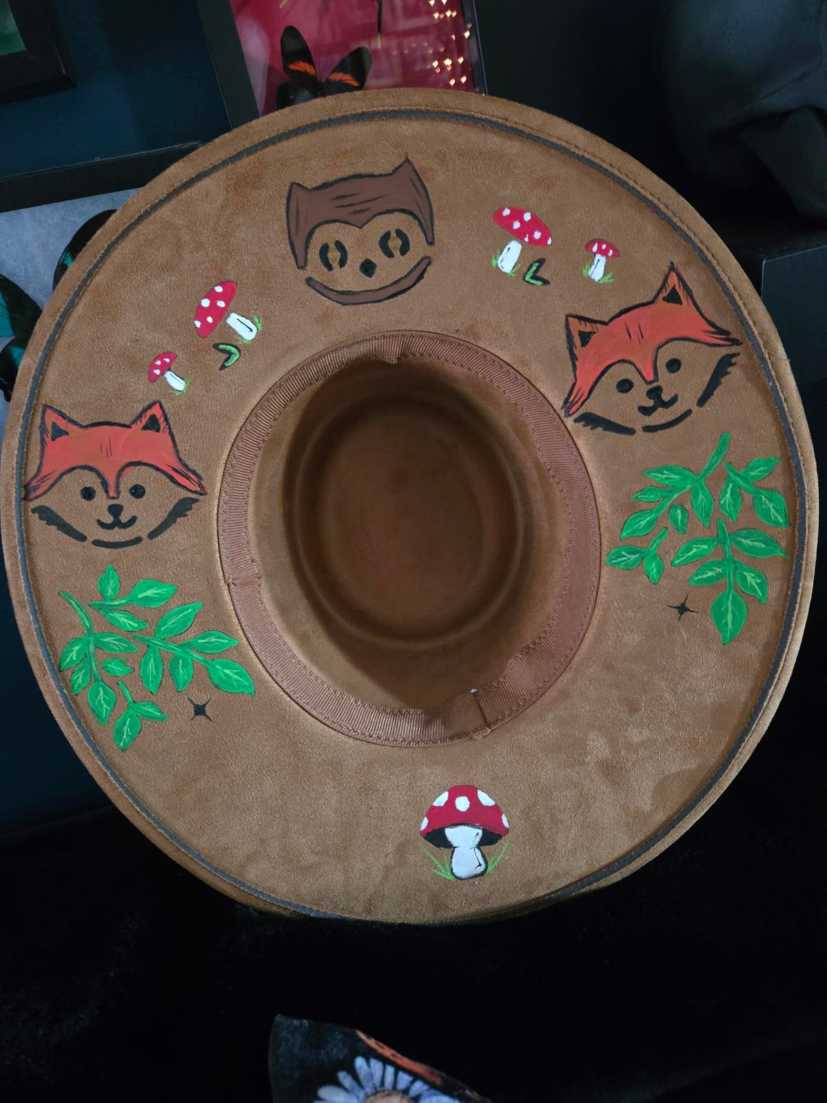 Fox owl and mushroom Hand designed wide brim hat