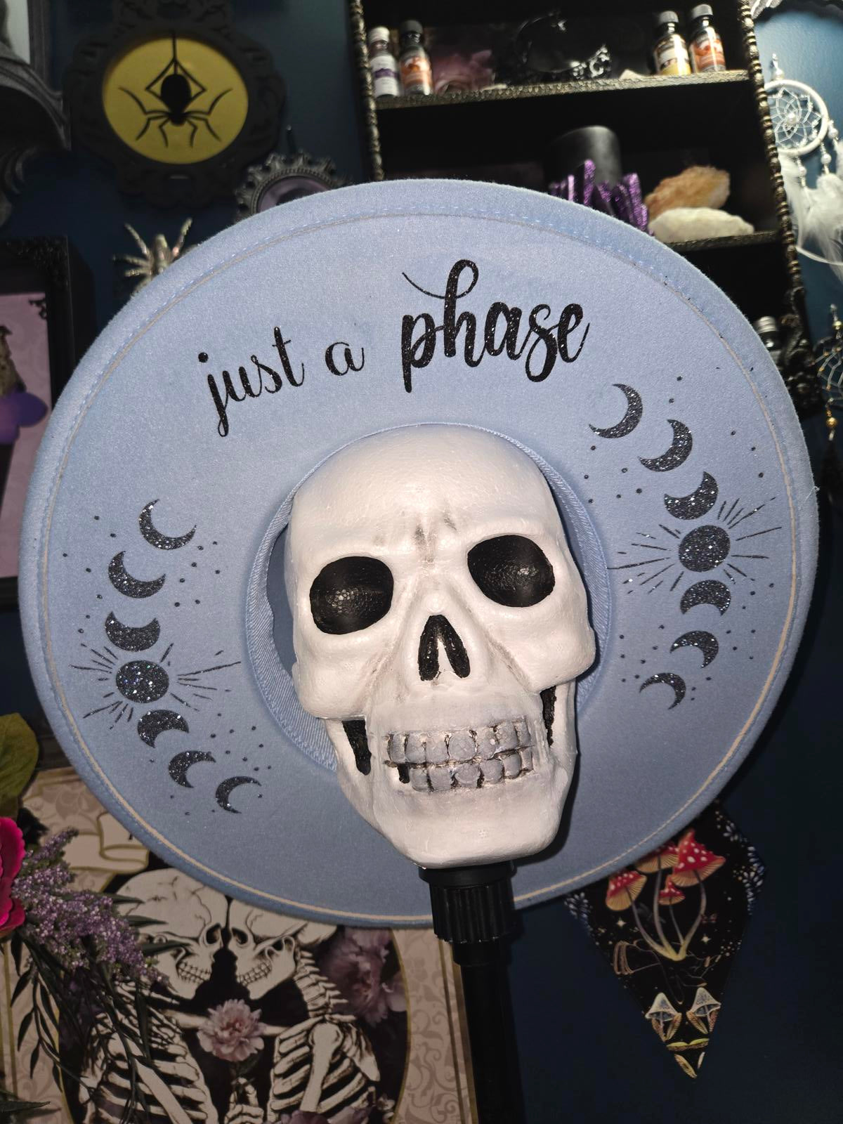 Blue vegan wool wide brim fedora hat with moon phases "just a phase"