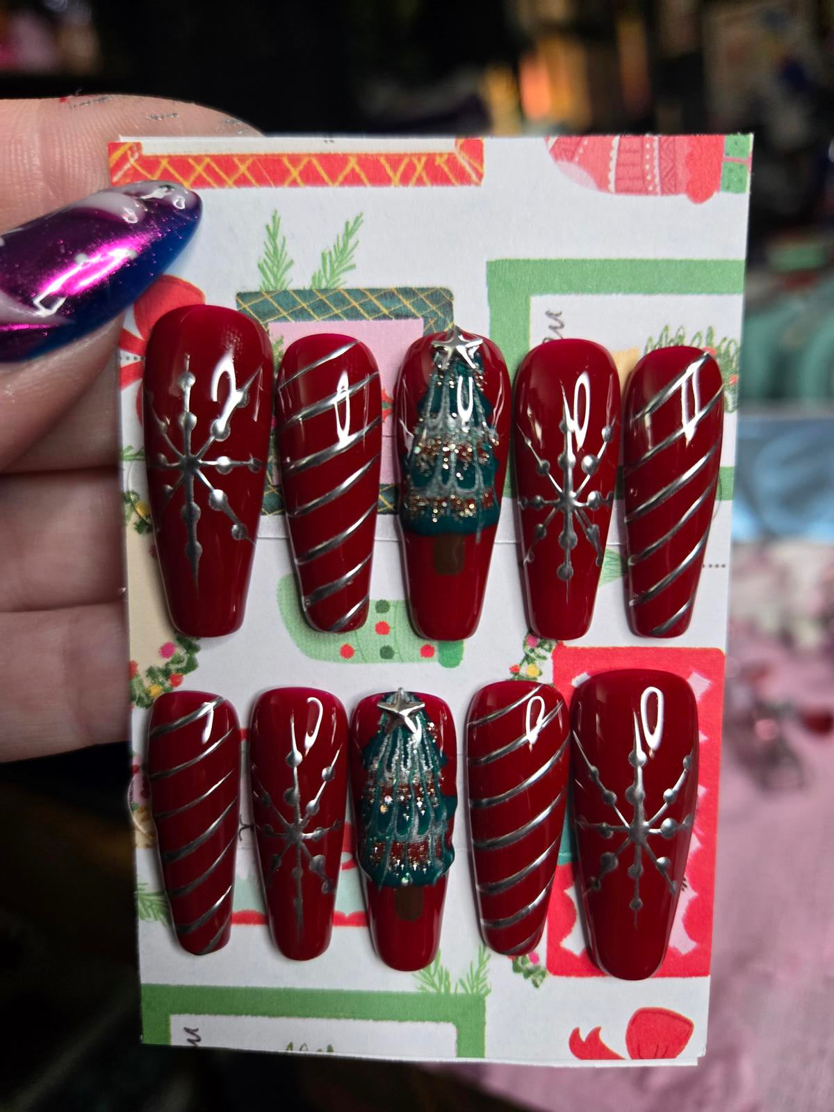 Red and silver christmas press on nails custom made