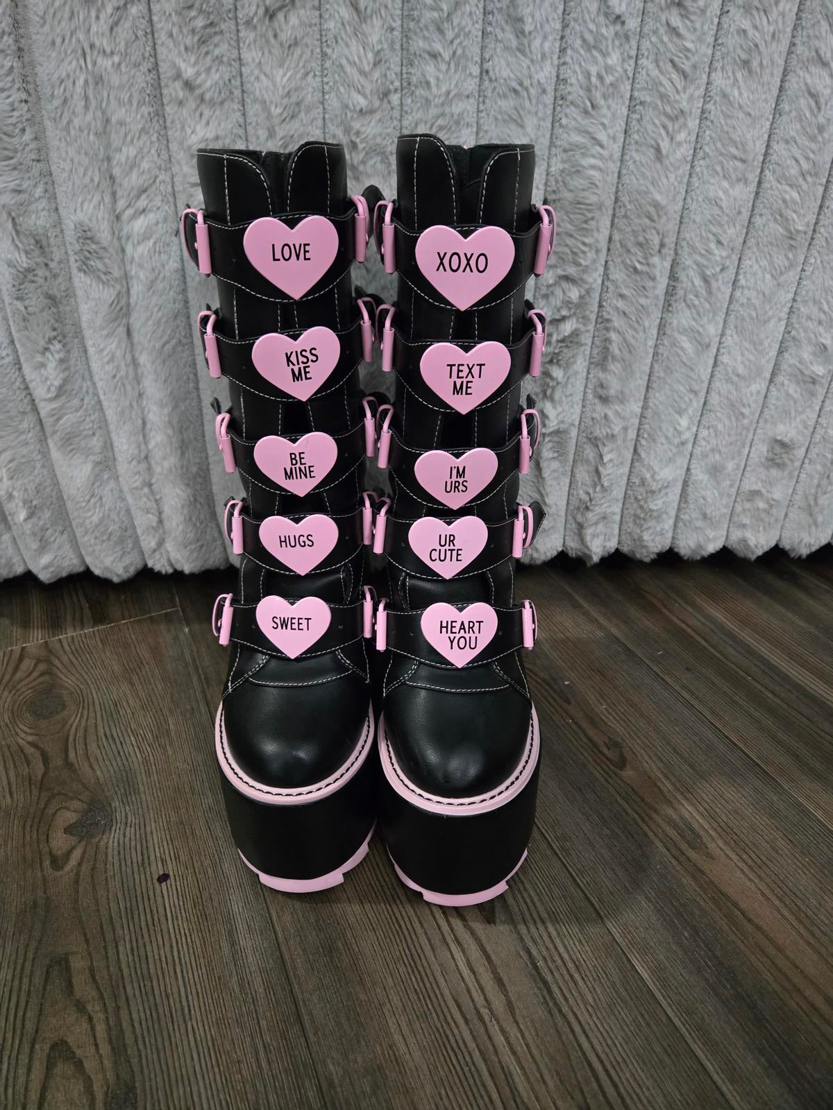 Pastel goth platform boots pink hearts with buckles
