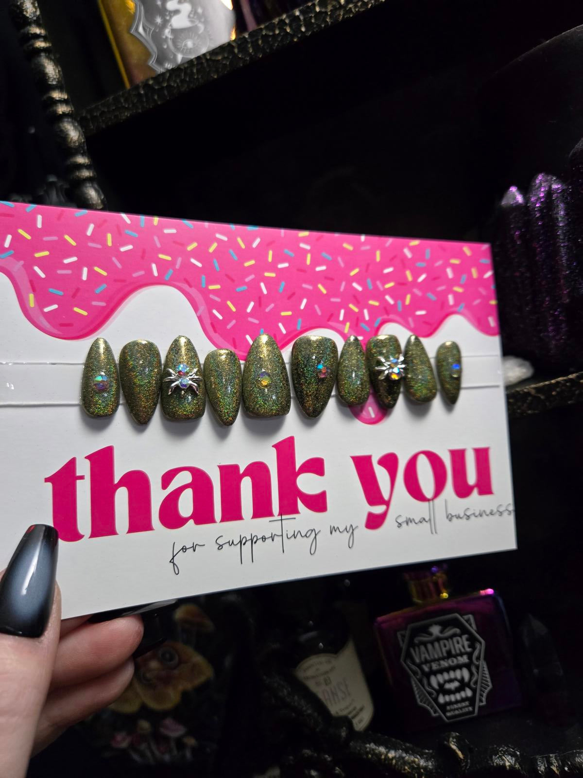 Holographic gold press on nails with spider charms