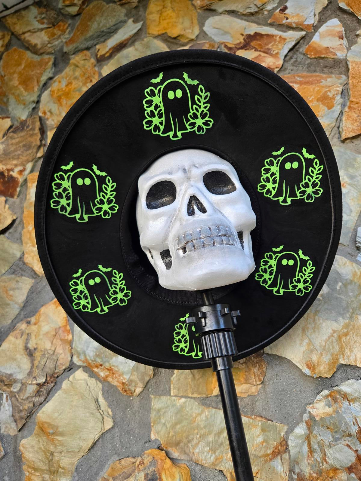 Black and neon ghost vegan wide brim fedora hat witchy goth