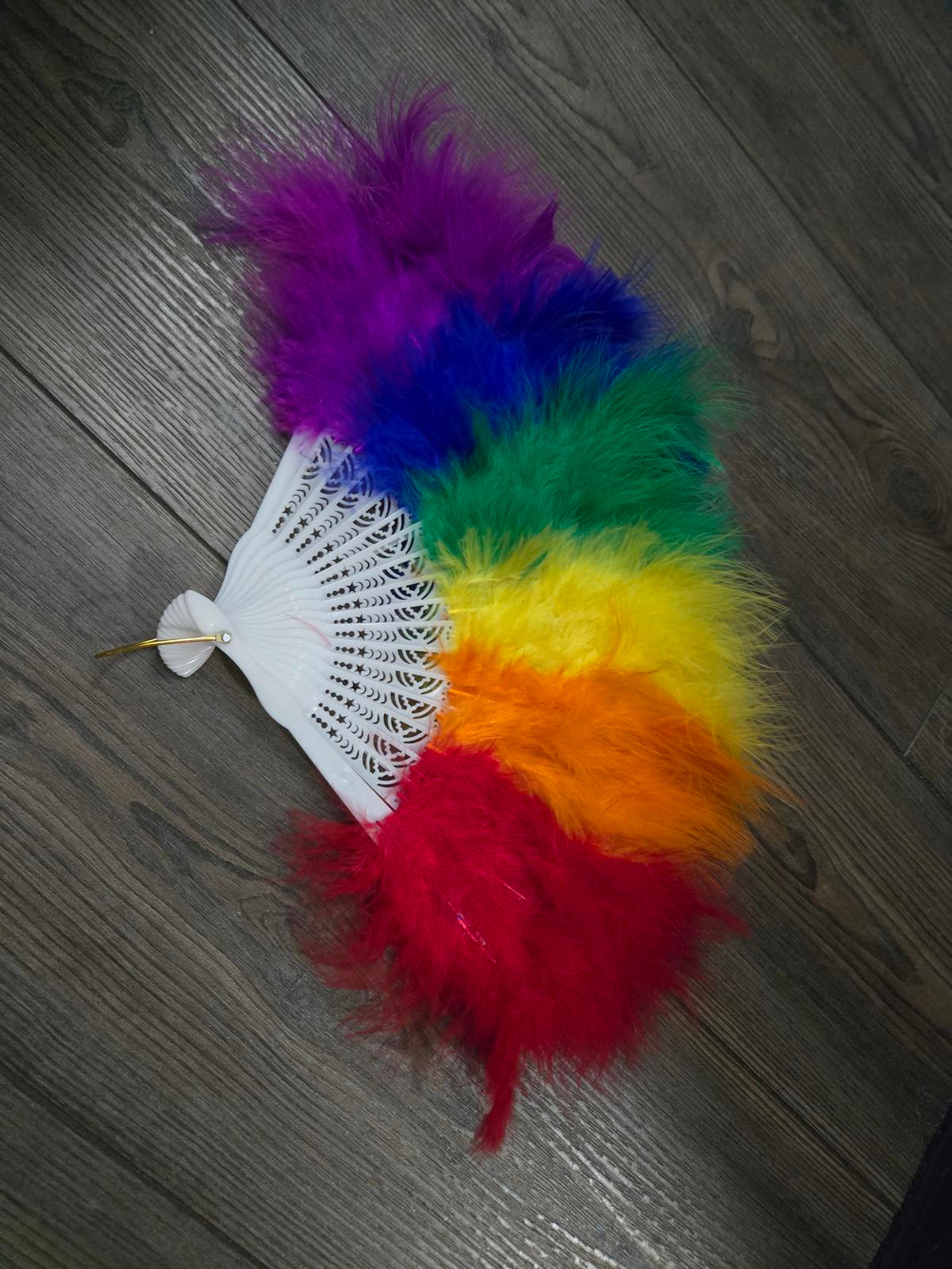 Fuzzy rainbow feather fan