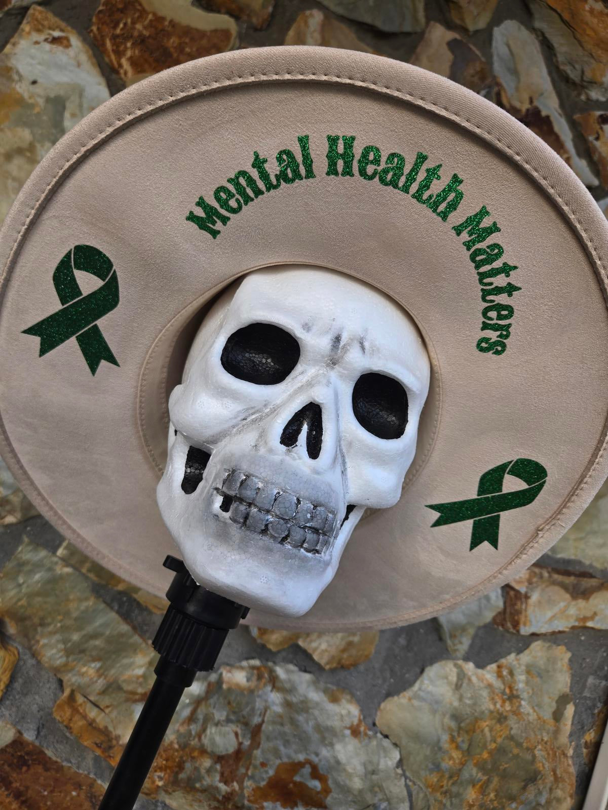 Cream fedora Wide brim hat - glitter green Mental Health matters support ribbons