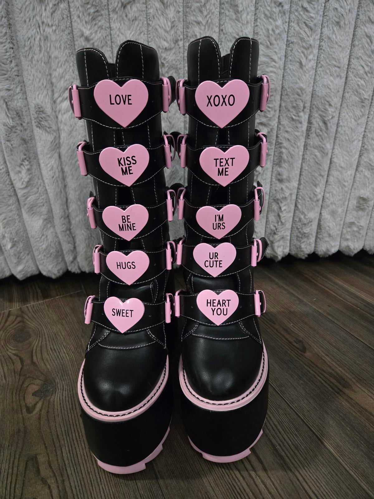 Pastel goth platform boots pink hearts with buckles