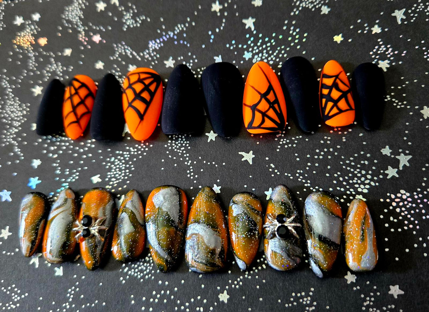 Halloween orange and black marble spiderweb nails custom made
