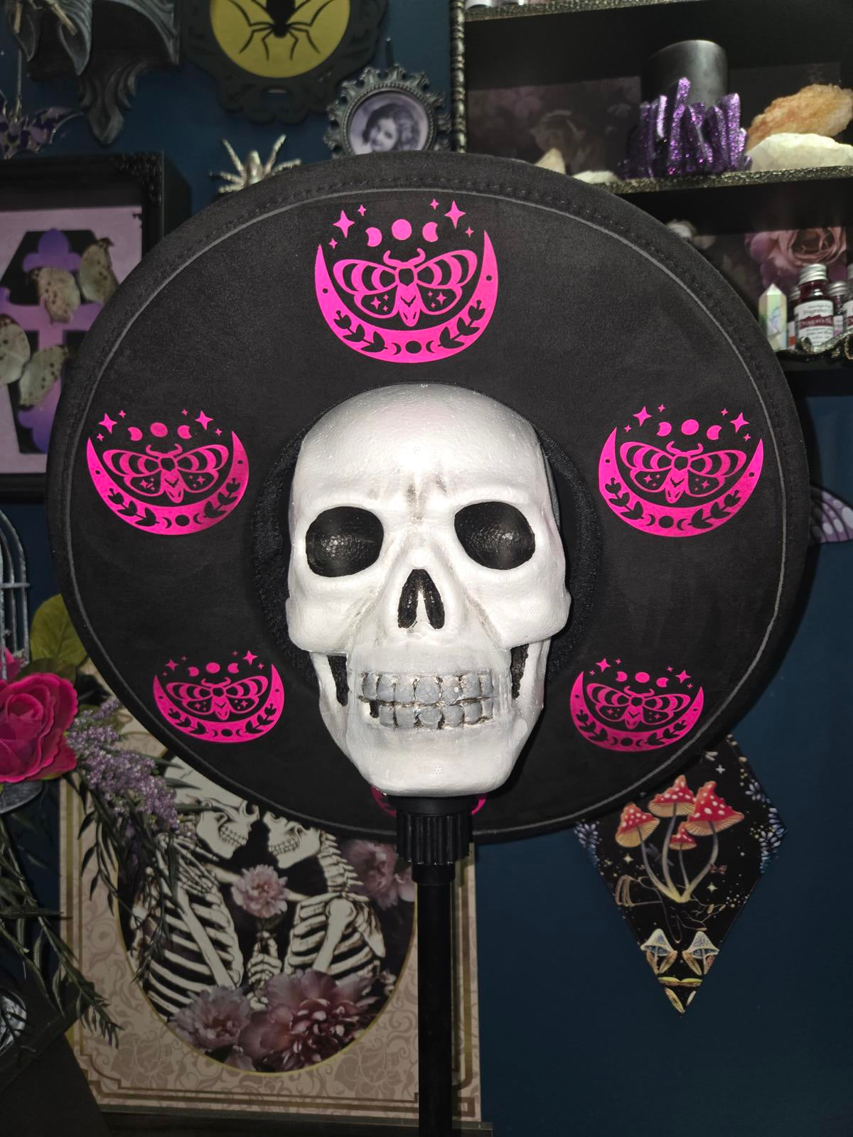 Black vegan suede wide brim fedora hat with hot pink moon moths and stars