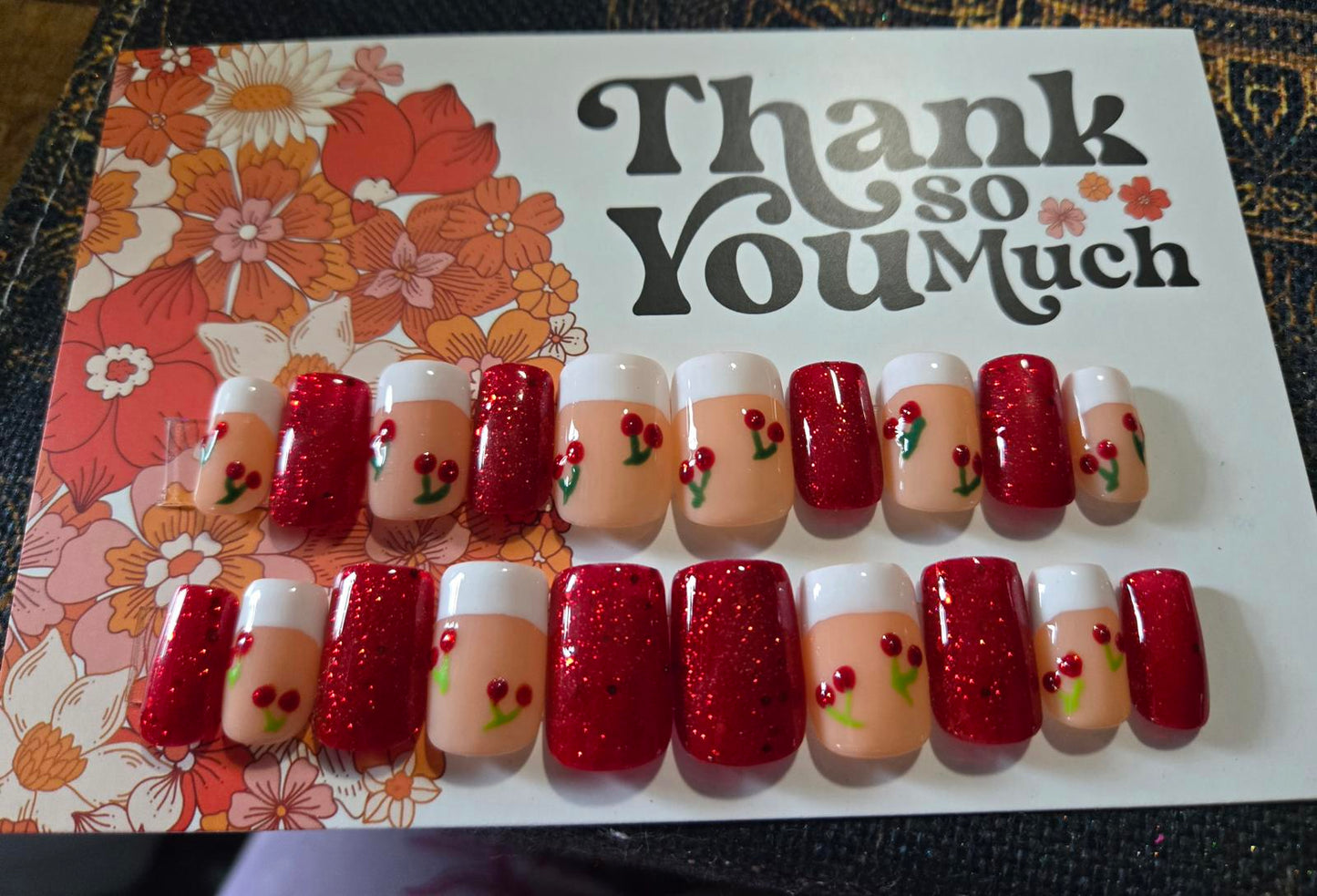 French glitter red and cherries nails custom made