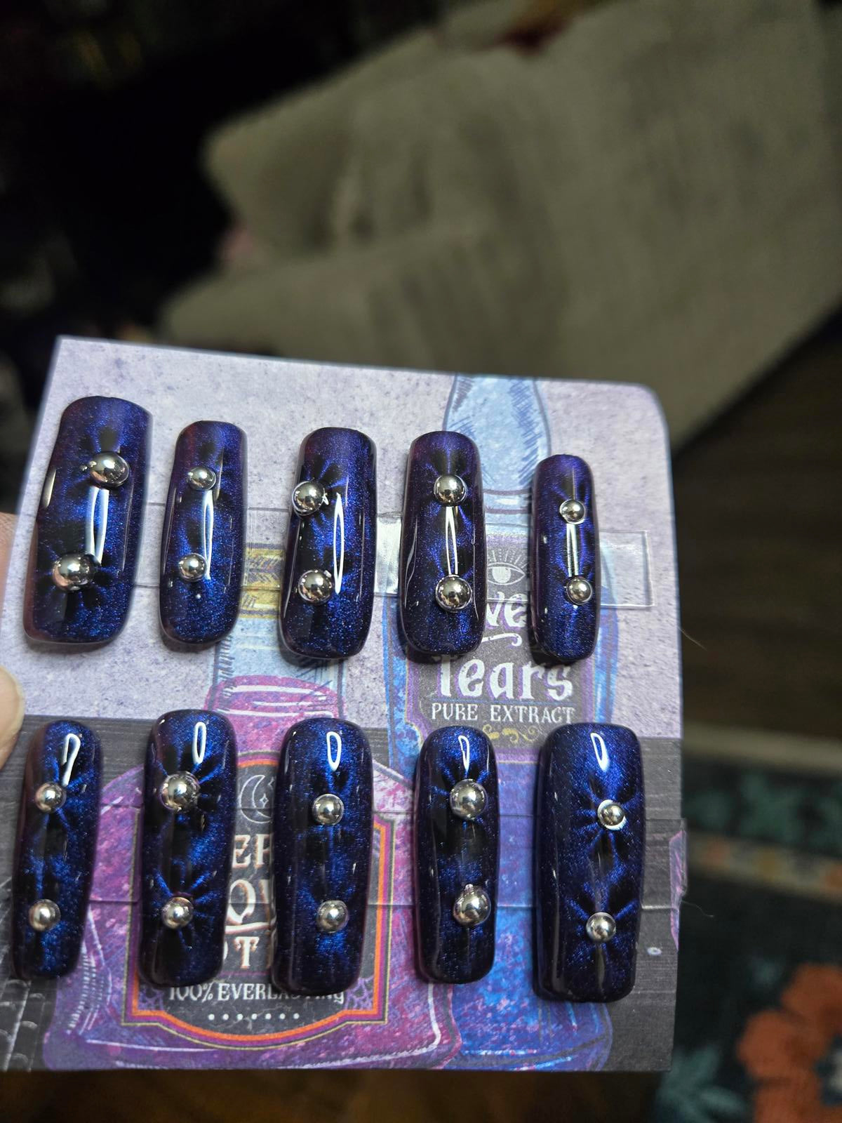 Blue cat eye floral burst nails custom made