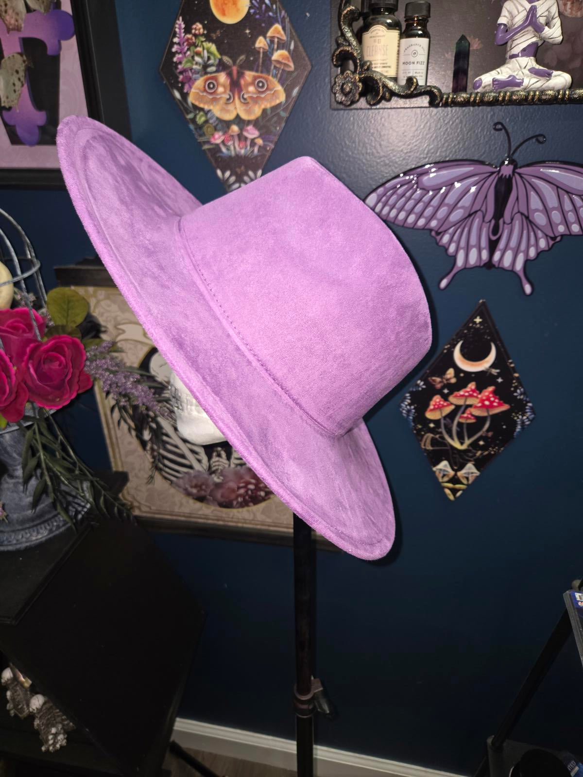 Purple vegan suede wide brim fedora hat with rainbow moon & pentagram