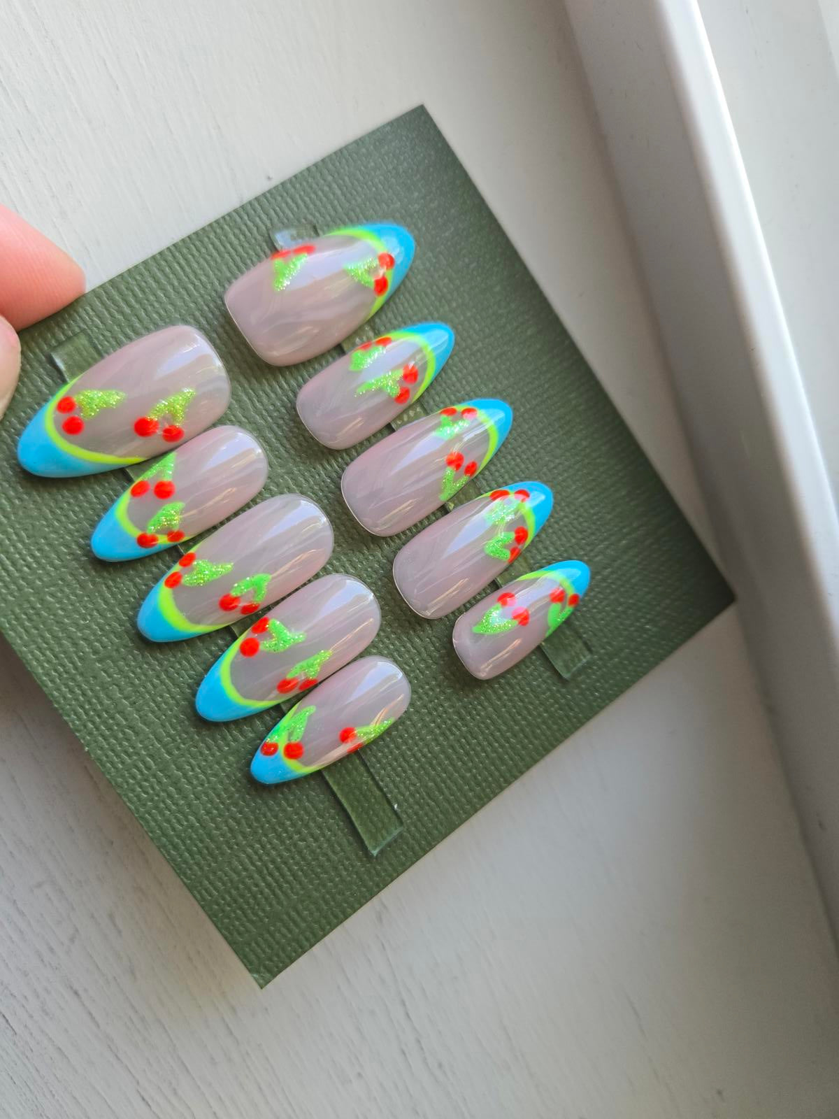 Cherry blue and nude french nails custom made
